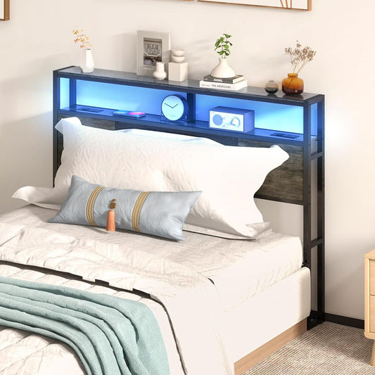 Headboard Full Size, Headboards with Charging Station, USB Port and LED Light, Head Board with 2-Tier Storage Shelf, Adjustable Height, Easy Assembly, Sturdy and Stable, Black