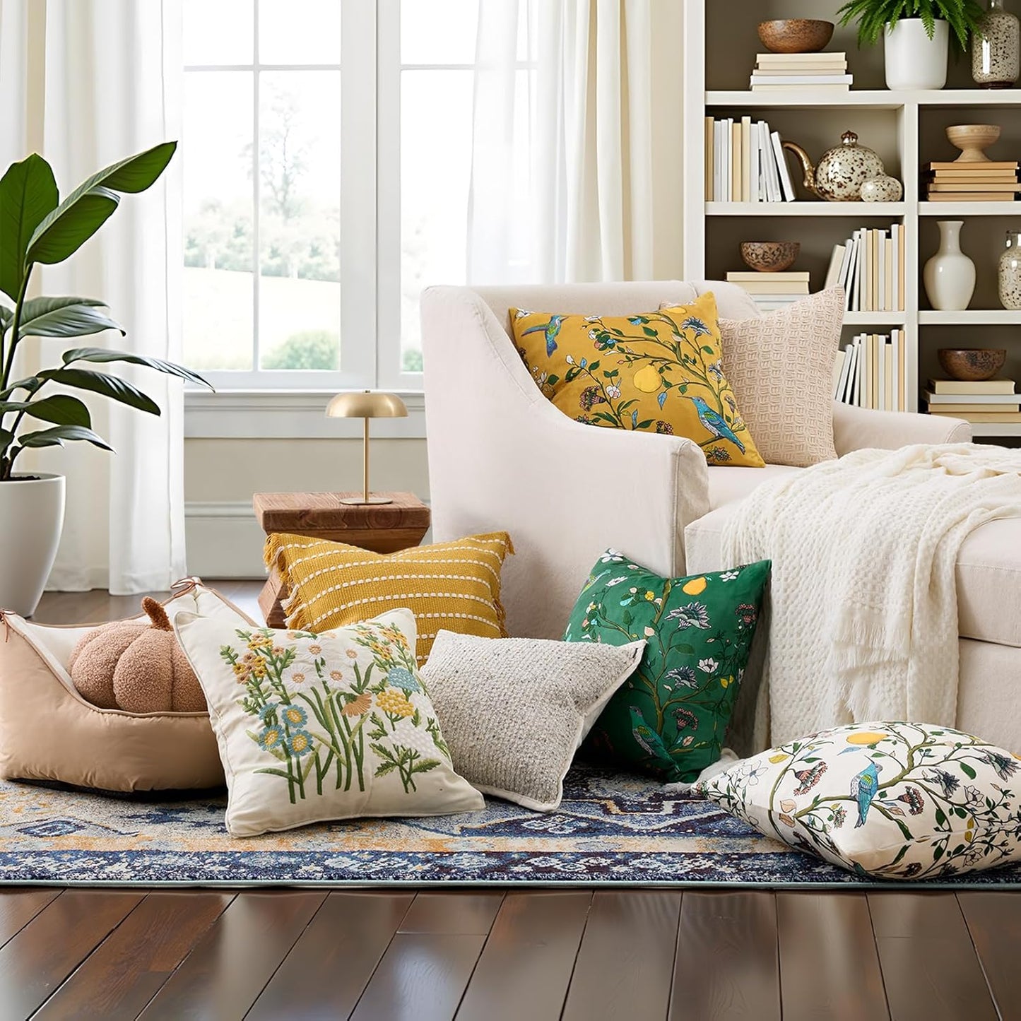 Mustard Yellow Floral Pillow Covers 18X18 Set of 2, Velvet Wild Flower Plant Throw Pillows Case, Square Farmhouse Decor Cushion Covers for Home Sofa Bed Couch