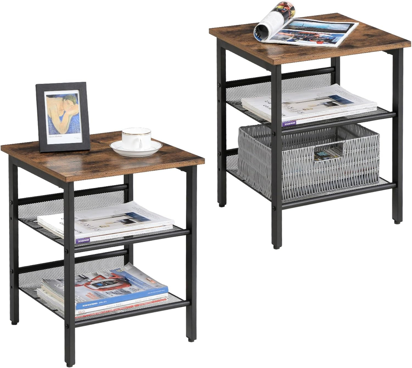 Nightstand, Set of 2 Side Tables, End Tables with Adjustable Mesh Shelves, for Living Room, Bedroom, Industrial, Stable Steel Frame, Easy Assembly, Rustic Brown and Black ULET24X