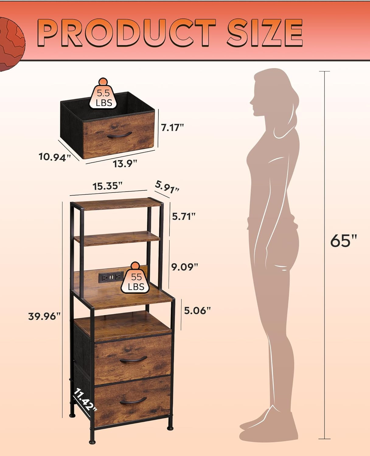 Nightstand with Charging Station, LED Night Stand with 2 Drawers and 4 Storage Open Shelves, Fabric Dresser for Bedroom, Rustic Brown