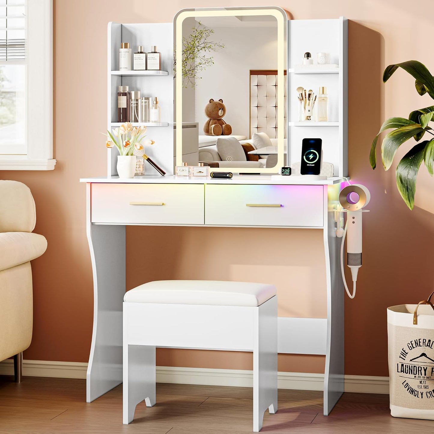 Vanity Desk with LED Lights Mirror & Power Outlet, Small Makeup Vanity Table Set with Storage Drawers & Chair, 3 Lighting Modes & Adjustable Brightness, Dressing Table for Women Girls Bedroom, White