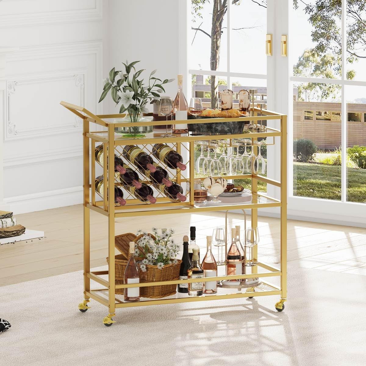 Bar Cart Gold, Home Bar Serving Cart with Wine Rack and Glasses Holder, Wine Carts on Wheels with 3 Tier Mirrored Shelves for Liquor and Beverage (Gold)