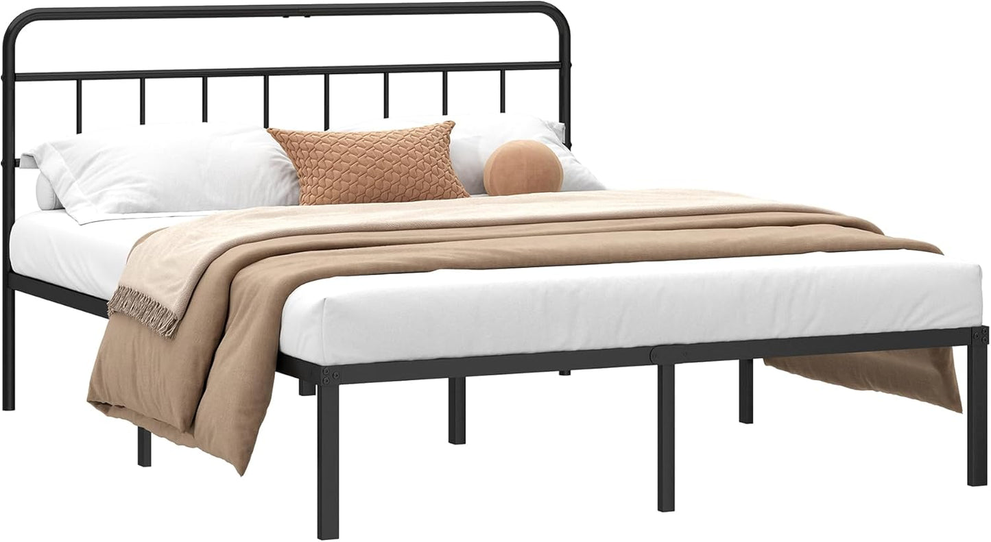 12 Inches Queen Size Bed Frame with Minimalist Headboard,Metal Platform Base with Strong Metal Slats,Mattress Foundation for under Bed Storage,Easy Assembly,Black