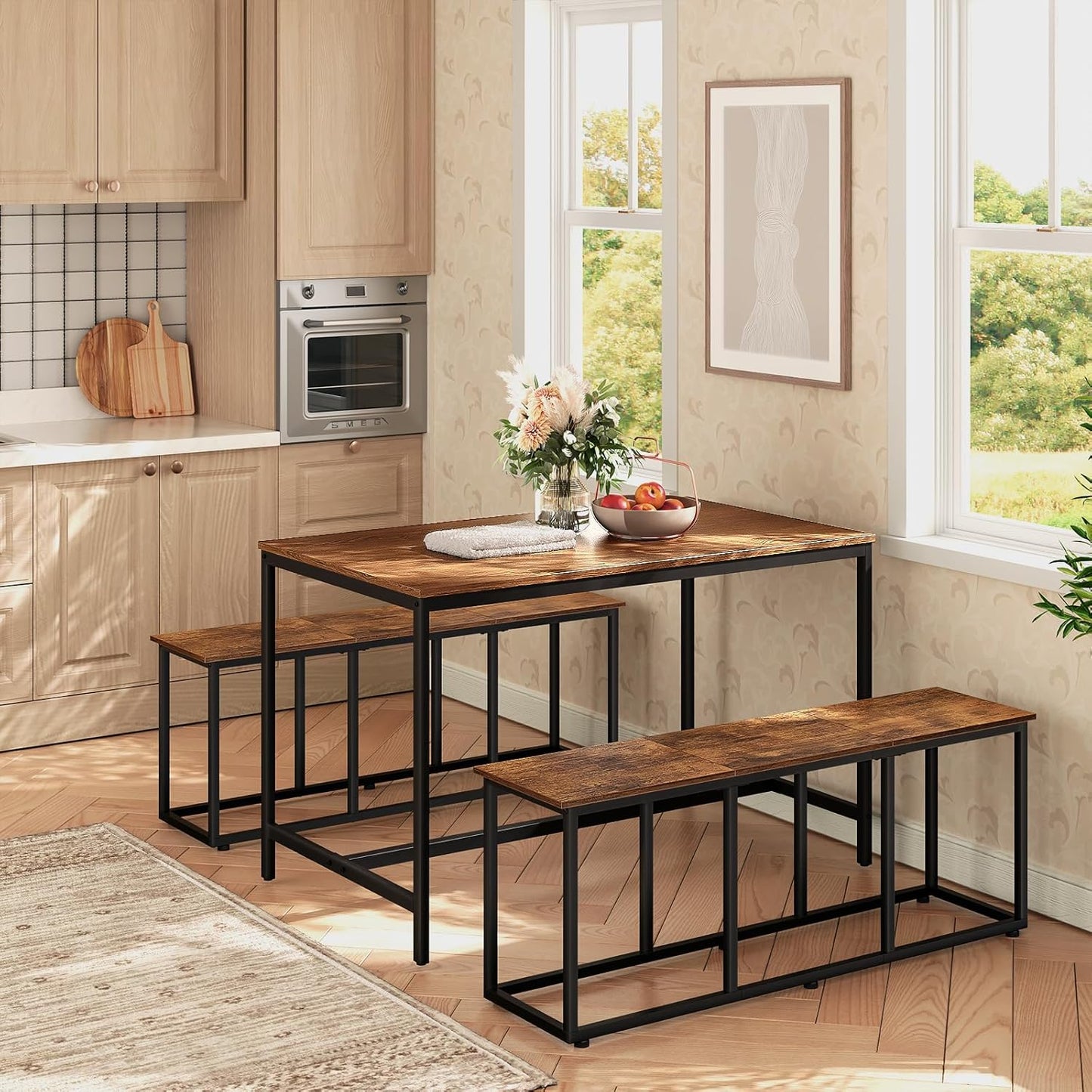 Dining Bench, 47.2 Inch Dining Table Bench, Industrial Style Kitchen Bench, Steel Frame, Easy to Assemble, for Kitchen, Dining Room, Rustic Brown and Black BF45CD01