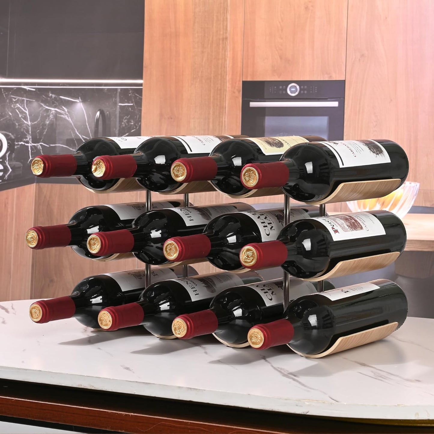Three-tier wavy wooden countertop wine rack, view 7
