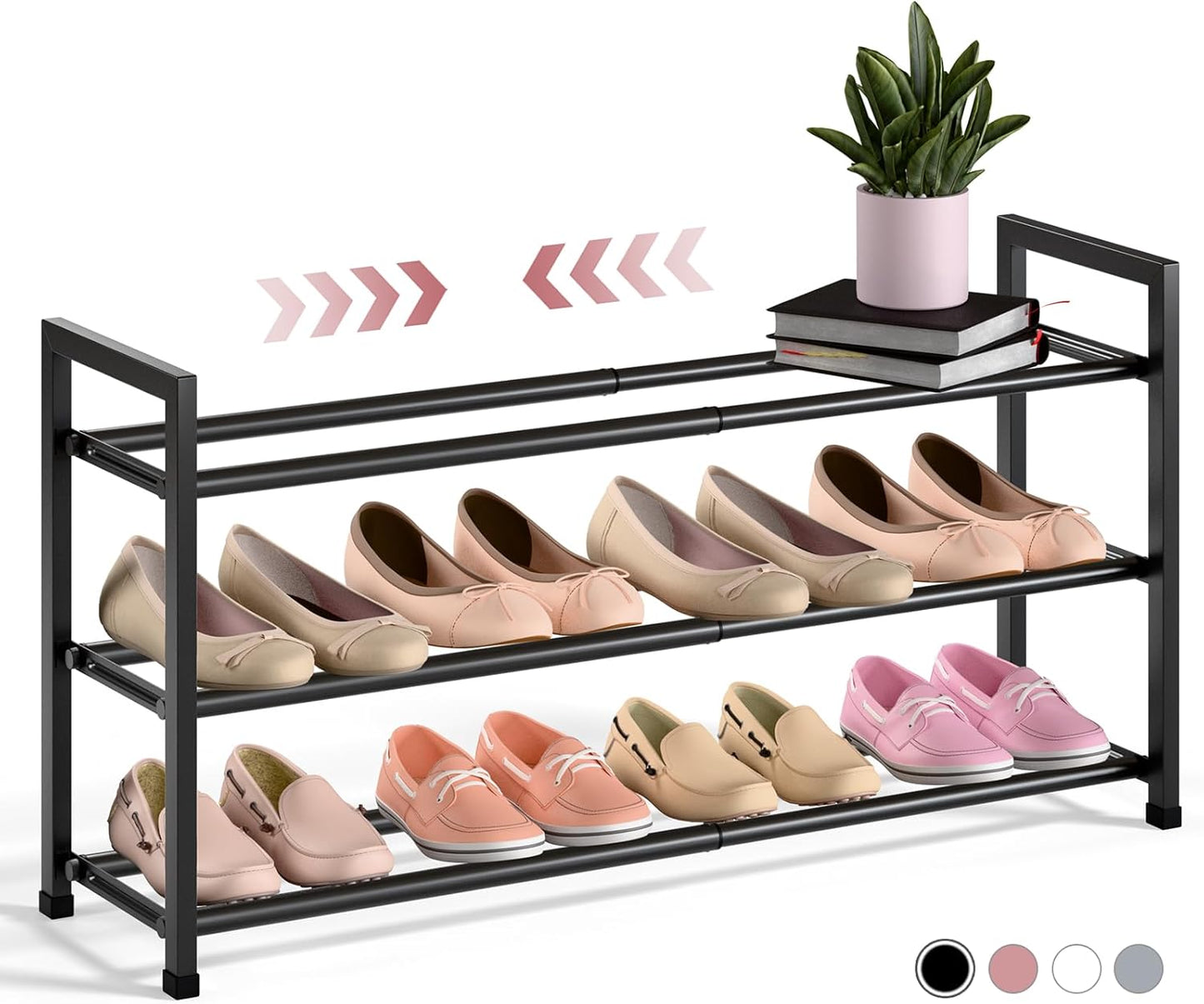 3-Tier Expandable Shoe Rack for Closet, 18“-33” Adjustable Shoe Rack for Small Space, Small Shoe Organizer for Front Door, Sturdy Metal, Black