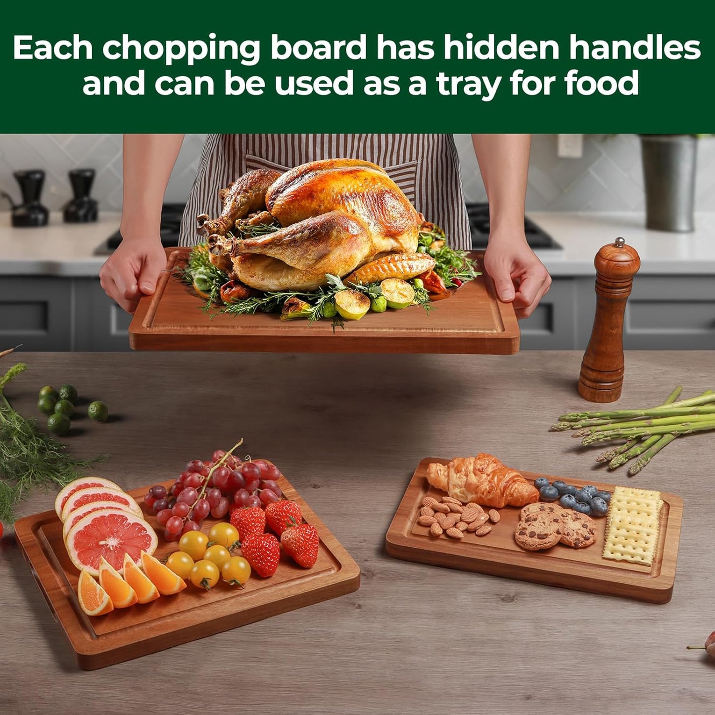 Acacia Wood Cutting Boards for Kitchen, Solid Wooden Cutting Board Set of 3, Charcuterie Board, Large Chopping Board for Meat, Cheese, Fruit, Vegetables (17X12, 12X10, 12X7 Inch)