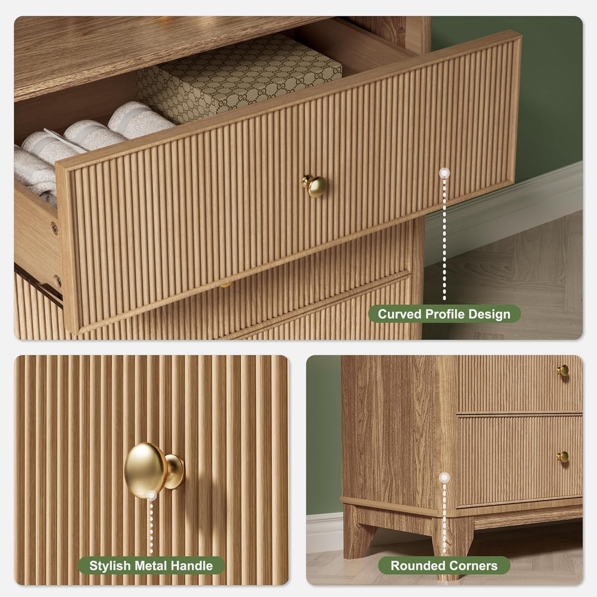 Fluted six drawer wide dresser with round corners, view 7