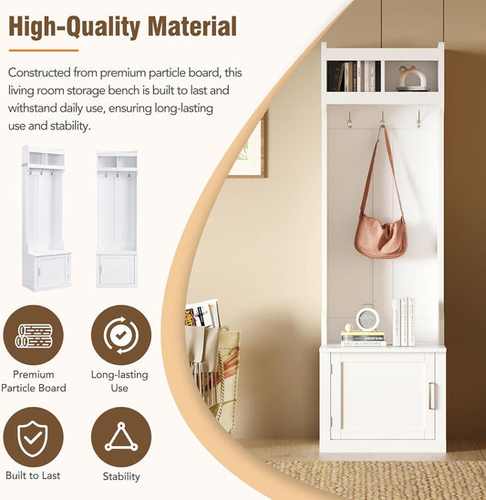 Minimalist Slim Hall Tree with Shoe Bench and 6 Hanging Hooks,Multi-Functional Entryway Coat Rack with Cabinet,Tall Hall Tree for Hallway,Living Room(White)