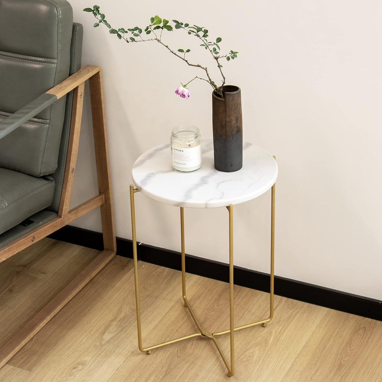 Real Marble Top Gold Metal round 15 in Side End Table with Modern Lightweiht Bedside Small Coffee Table Plant Stand for Living Room Bedroom Small Space