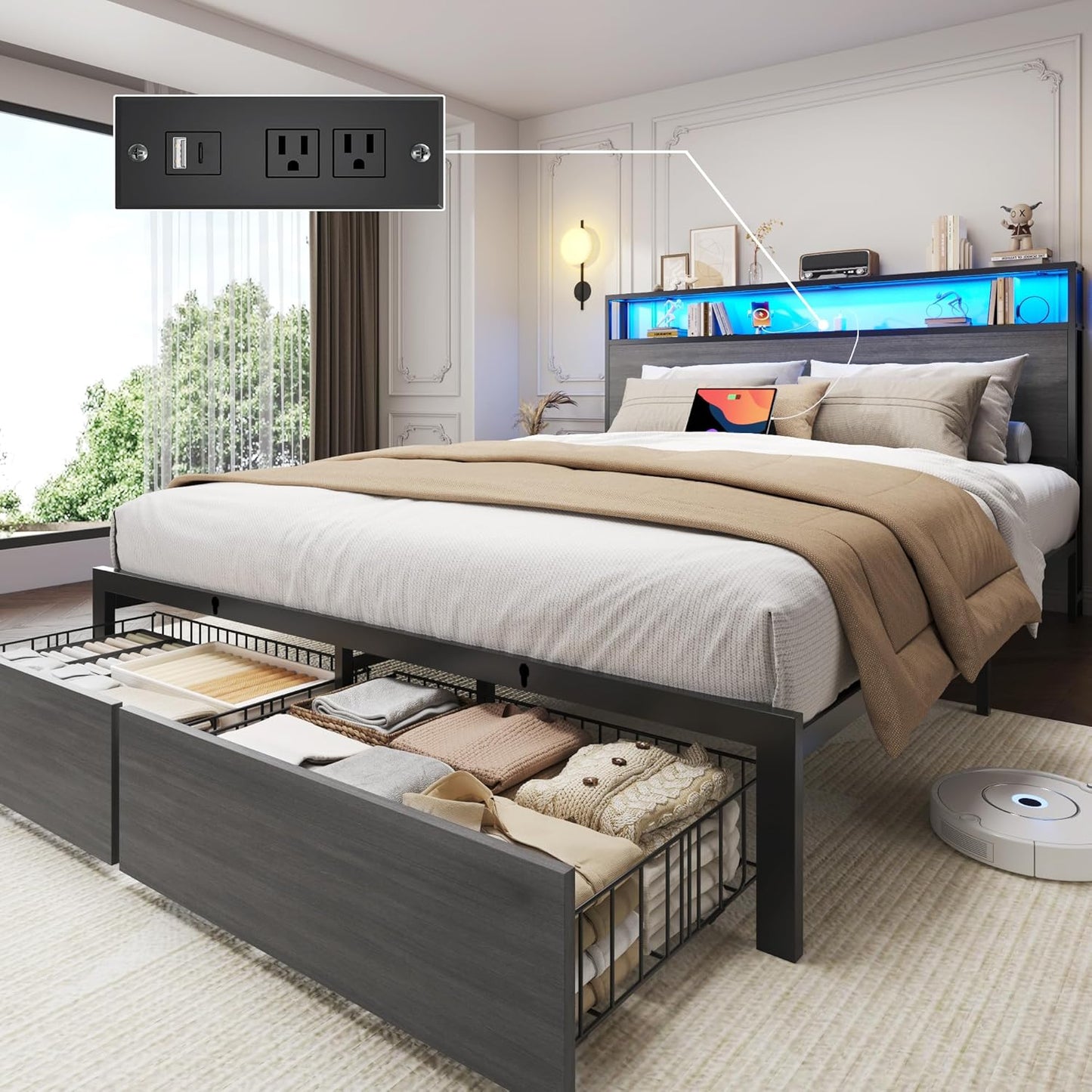 Queen Bed Frame with 2-Tier Storage Headboard, Bedroom Metal Bed Frame with 2 Storage Drawers & Fast-Charging Station & LED, Noise-Free, No Box Spring Needed, Easy Assembly, Rustic Grey
