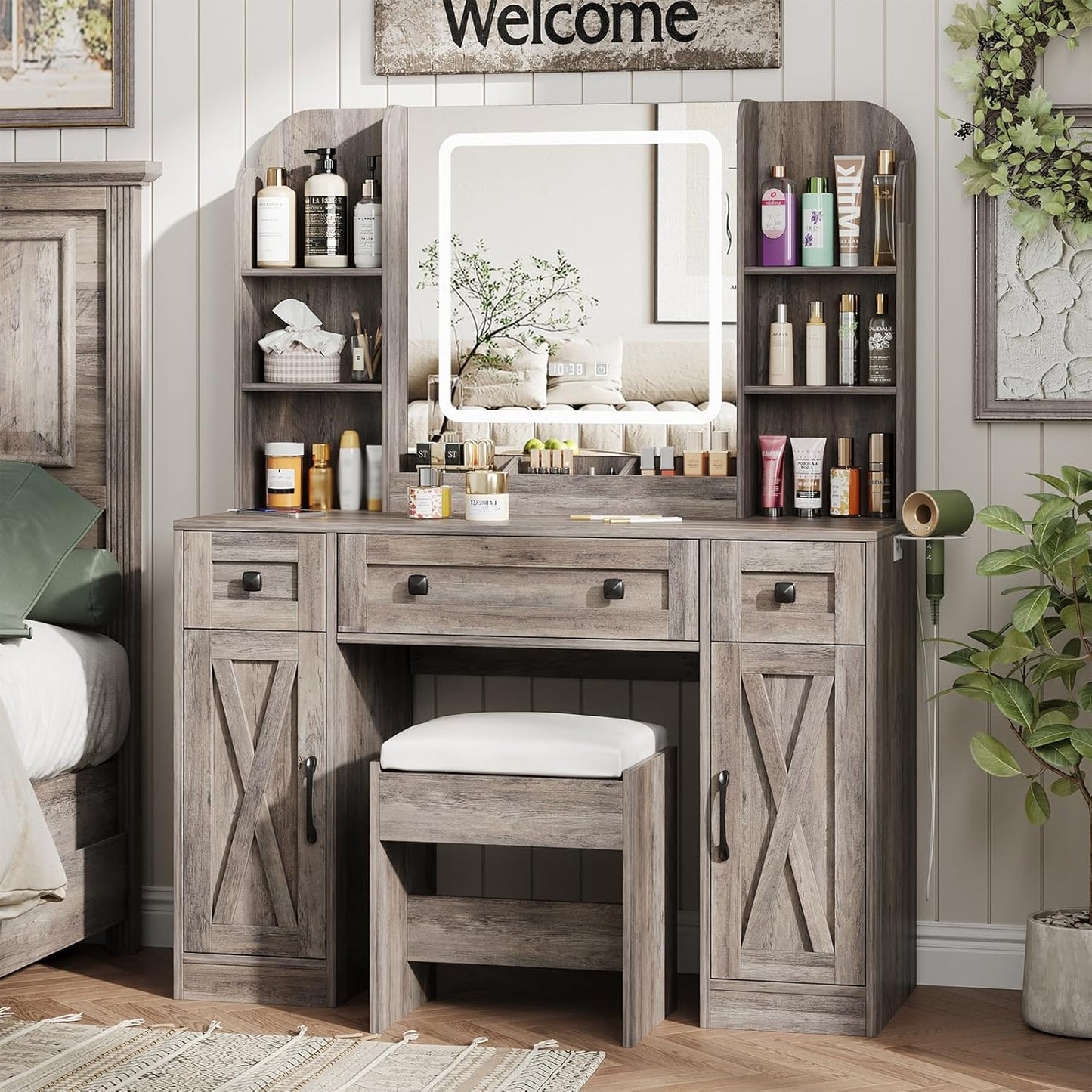 Makeup Vanity Desk, Vanity Mirror with Lights Desk and Chair,Makeup Table with 3 Large Drawers and 2 Cabinets, Time and Temperature Display, 3 LED Lighting Modes Adjustable, Grey