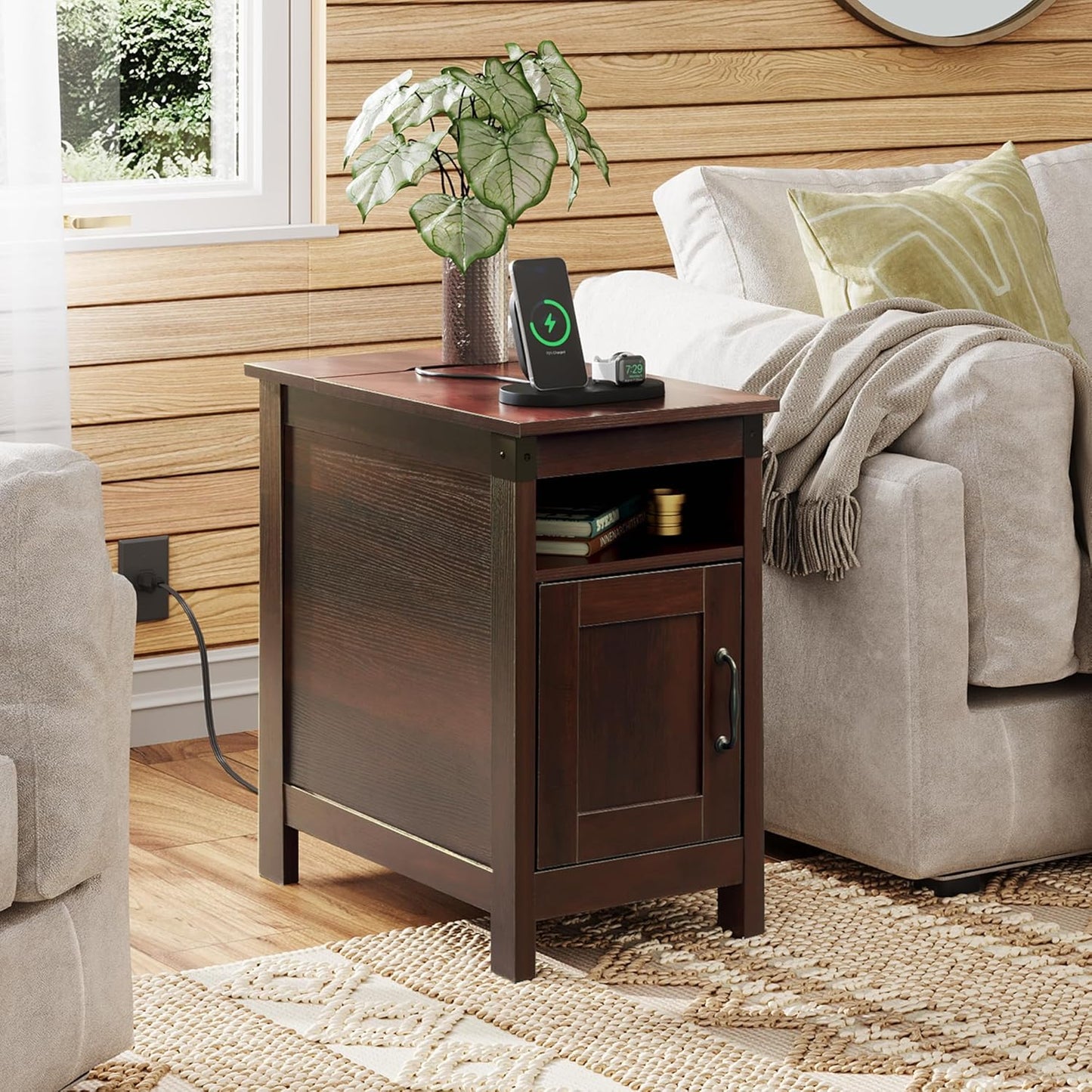 End Table with Charging Station, Narrow Side Table for Living Room, Farmhouse Night Stand with Storage, Small Wooden Cabinet with USB Ports and Outlets for Living Room and Bedroom, Espresso