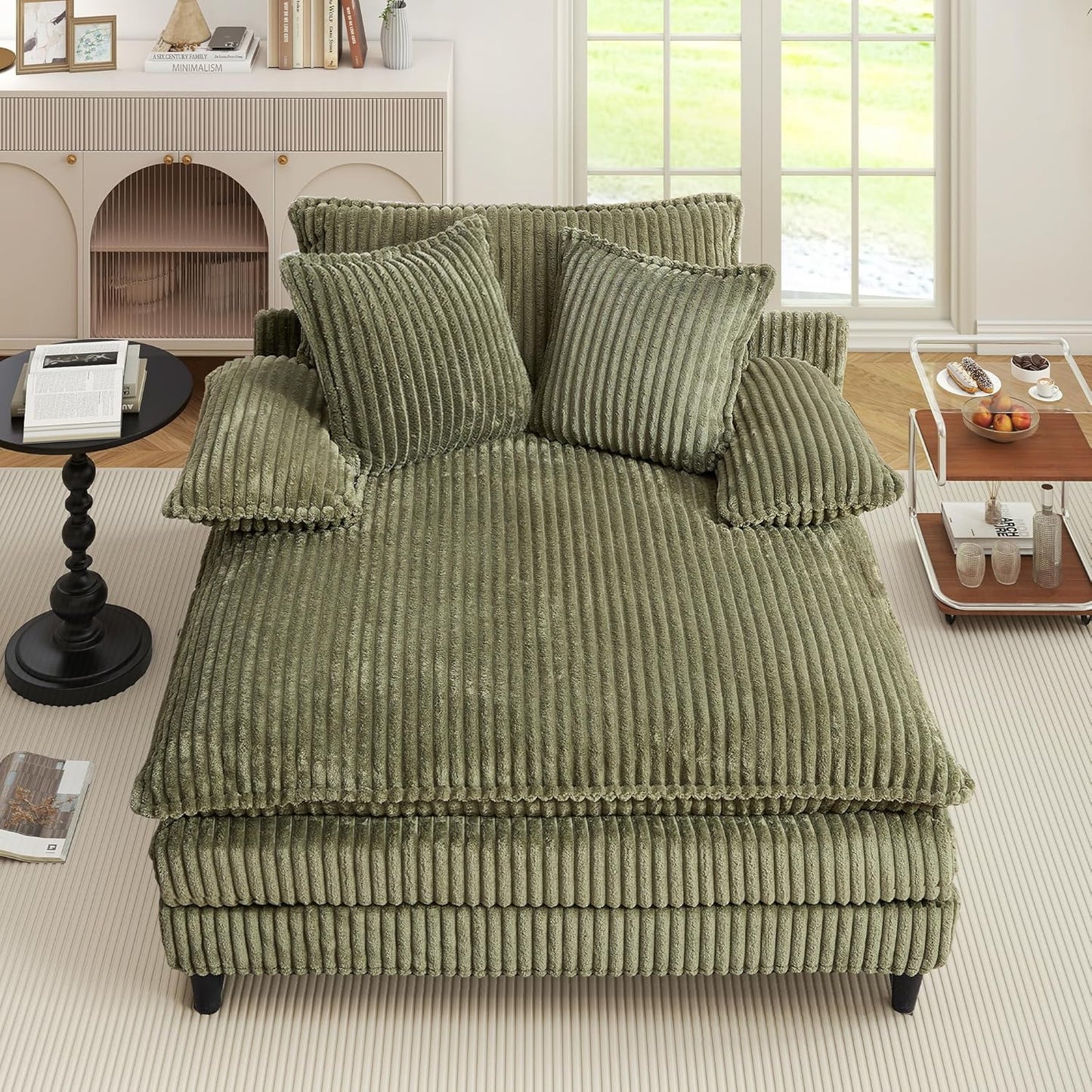 54.8" W Oversized Chaise Lounge Chair Indoor with 5-Position Adjustable Backrest, Corduroy Sleeper Sofa Bed with 3 Pillows, Modern Cloud Couch Chair for Living Room, Bedroom, Green