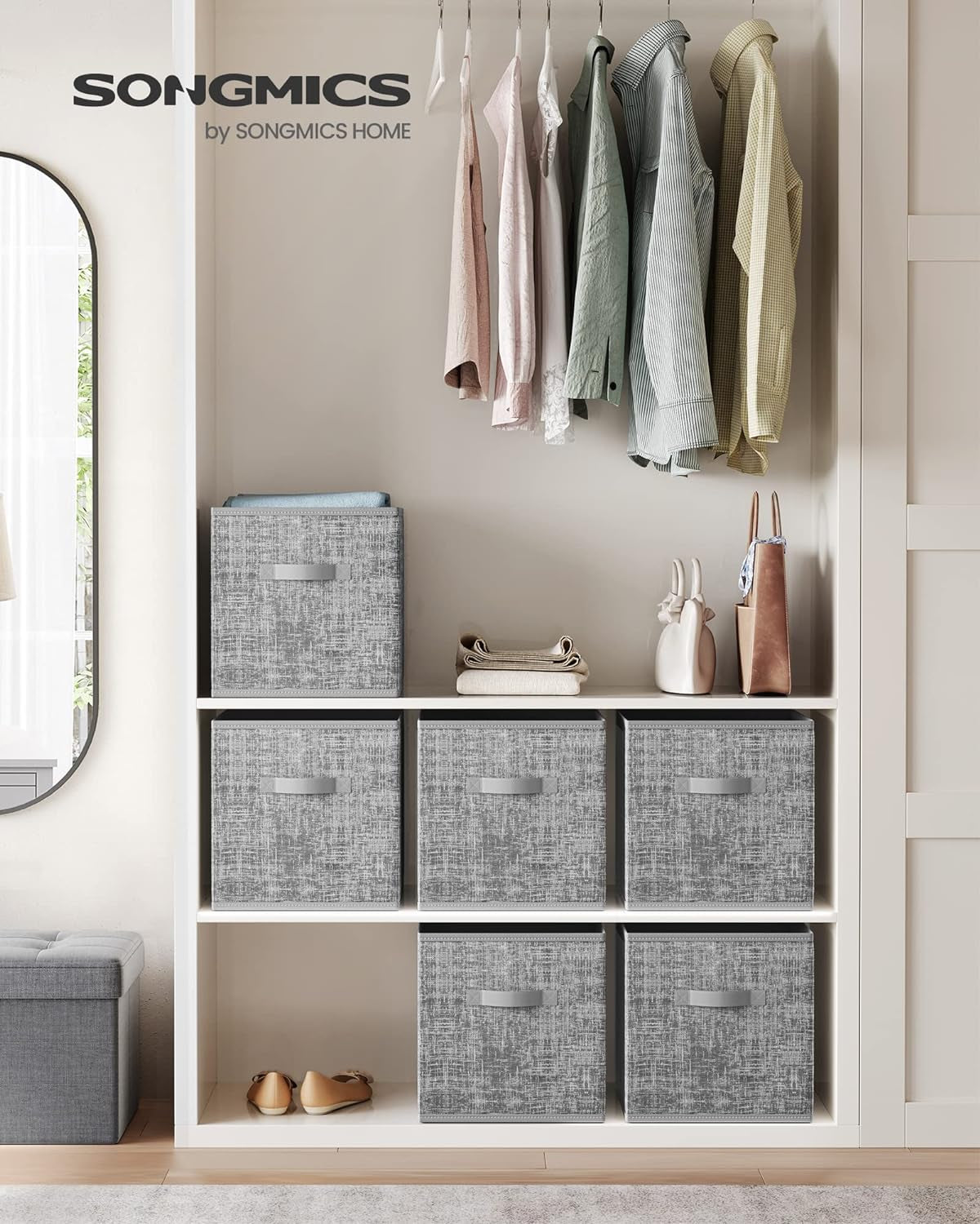Storage Cubes, 13-Inch Non-Woven Fabric Bins with Double Handles, Set of 6, Closet Organizers for Shelves, Foldable, for Clothes, Cattail Gray UROB033G01