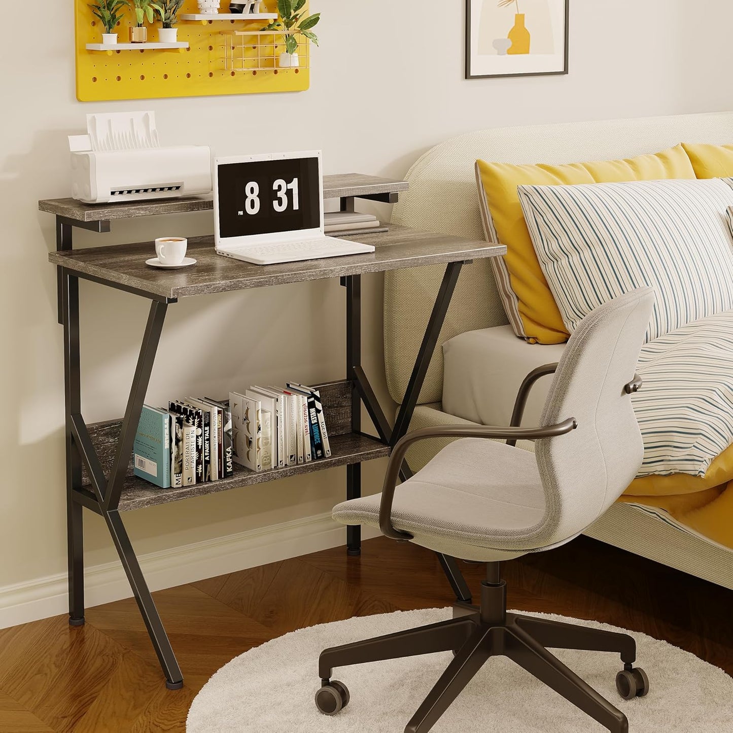 Grey small computer desk with adjustable monitor stand and storage, view 7