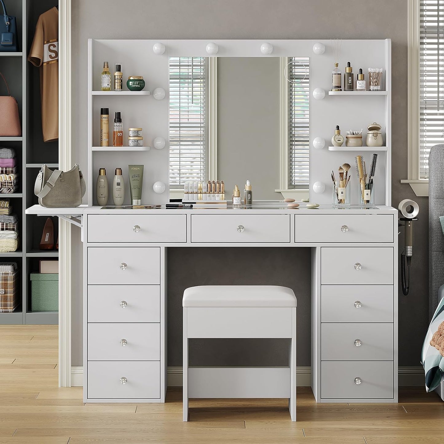 Vanity Desk with Power Outlet, 47'' W Makeup Table with Mirror and 12 LED Lights, 3 Color Lighting Modes, 11 Drawers Makeup Vanity with 4 Shelves, Fold-Up Panel, Glass Top, Vanity Set for Bedroom