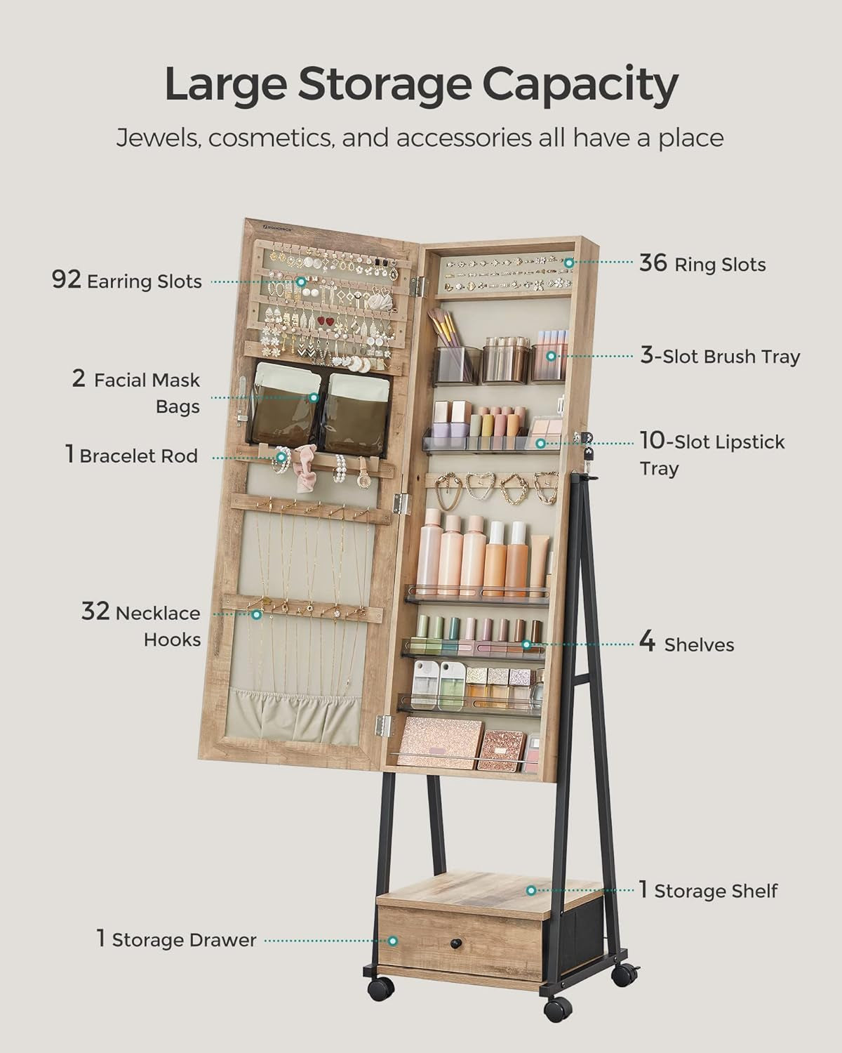 Jewelry Cabinet Floor Standing, Lockable Jewelry Organizer with High Full-Length Mirror, Bottom Drawer, Shelf, Wheels, Jewelry Armoire, Gift Idea, Toasted Oak Color and Black UJJC004N01