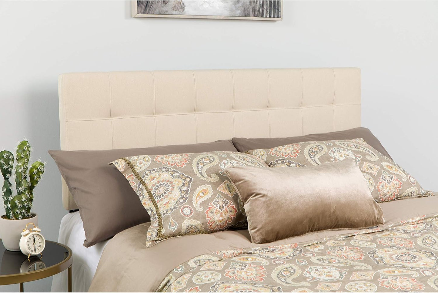 Beige twin box stitch tufted upholstered headboard, view 8