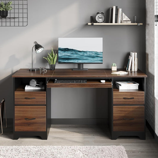 59” Computer Desk with 4 Drawers, Office Desk with Storage, Industrial Executive Desk with File Drawer, Keyboard Tray & 2 Pedestals for Home Office & Studio, Cherry
