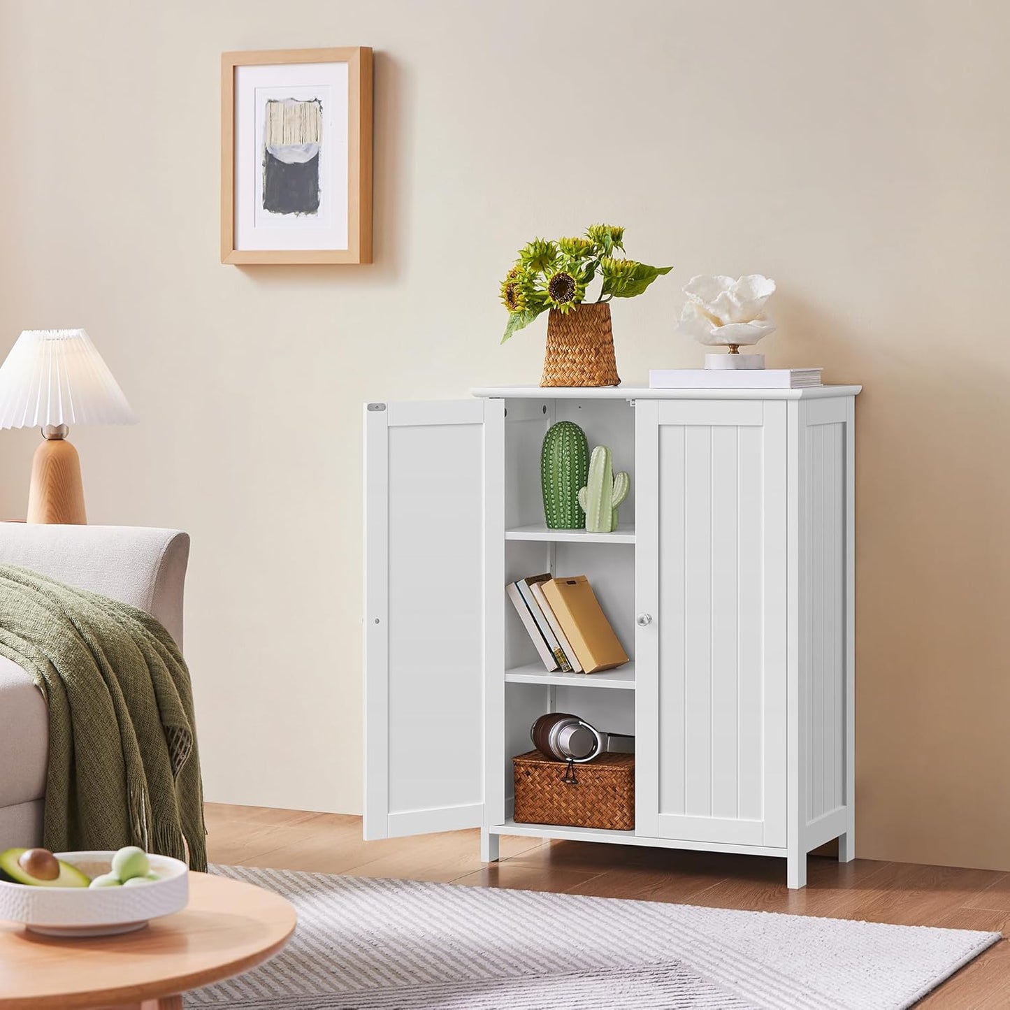 White freestanding bathroom floor cabinet with double doors, view 9