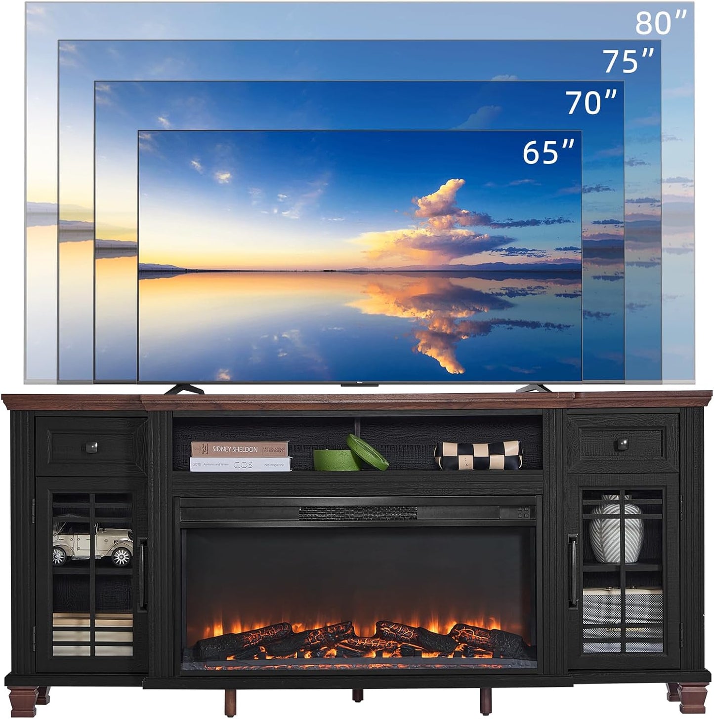 70" Fireplace TV Stand with 36”Silent Electric Fireplace, Farmhouse Entertainment Center for Tvs up to 80", 2 Drawers TV Console with Glass Door Cabinet, Black Tvs Cabinet for Living Room