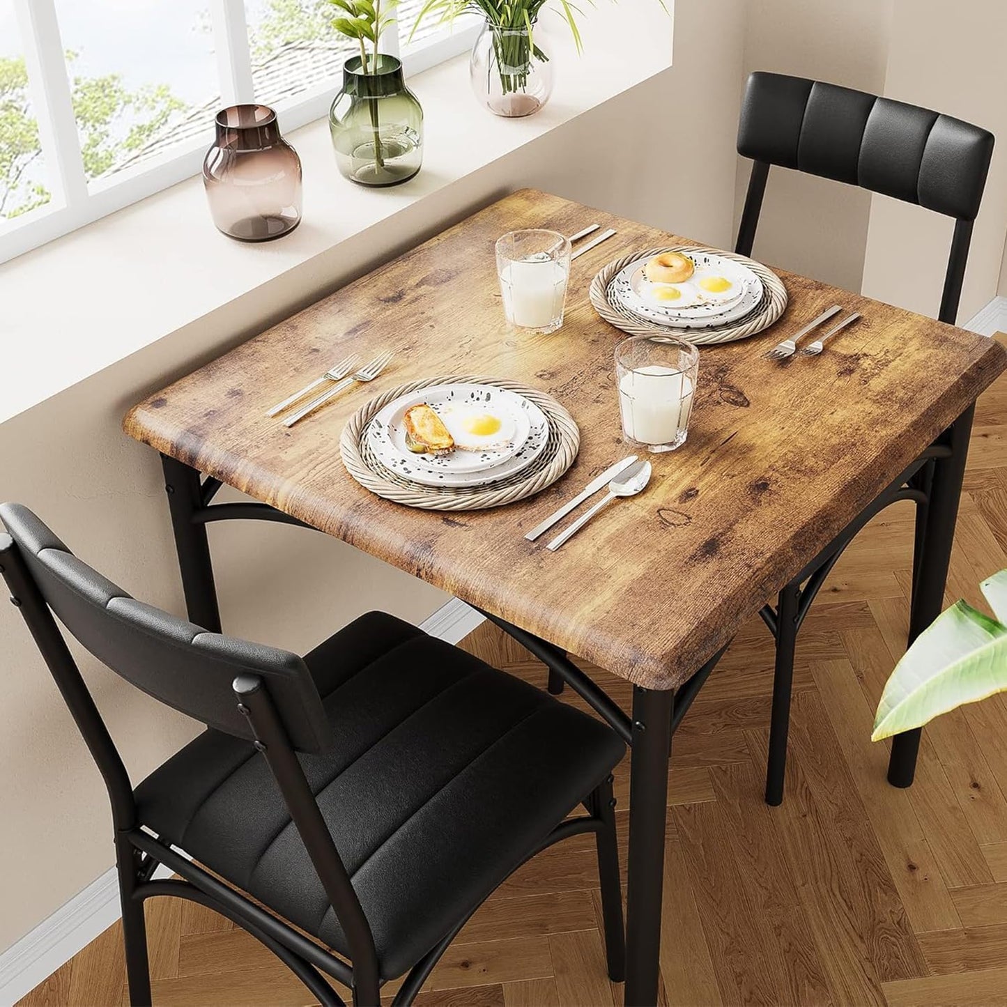 Dining Table Set for 2, Kitchen Table and Chairs for 2 with Upholstered Chairs, 3 Piece Dining Room Table Set, Square Kitchen Table Set for Small Space, Apartment, Studio, Rustic Brown