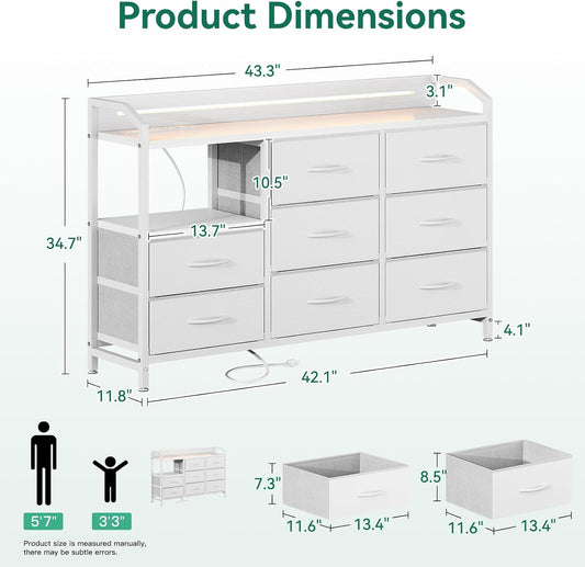 White Dresser for Bedroom with Light Strip & Power Outlet — 8 Drawers Dressers & Chest of Drawers with Shelf, Wood Top, Metal Frame, Wide Dressers for Girls Bedroom, Living Room, Hallway, Closet