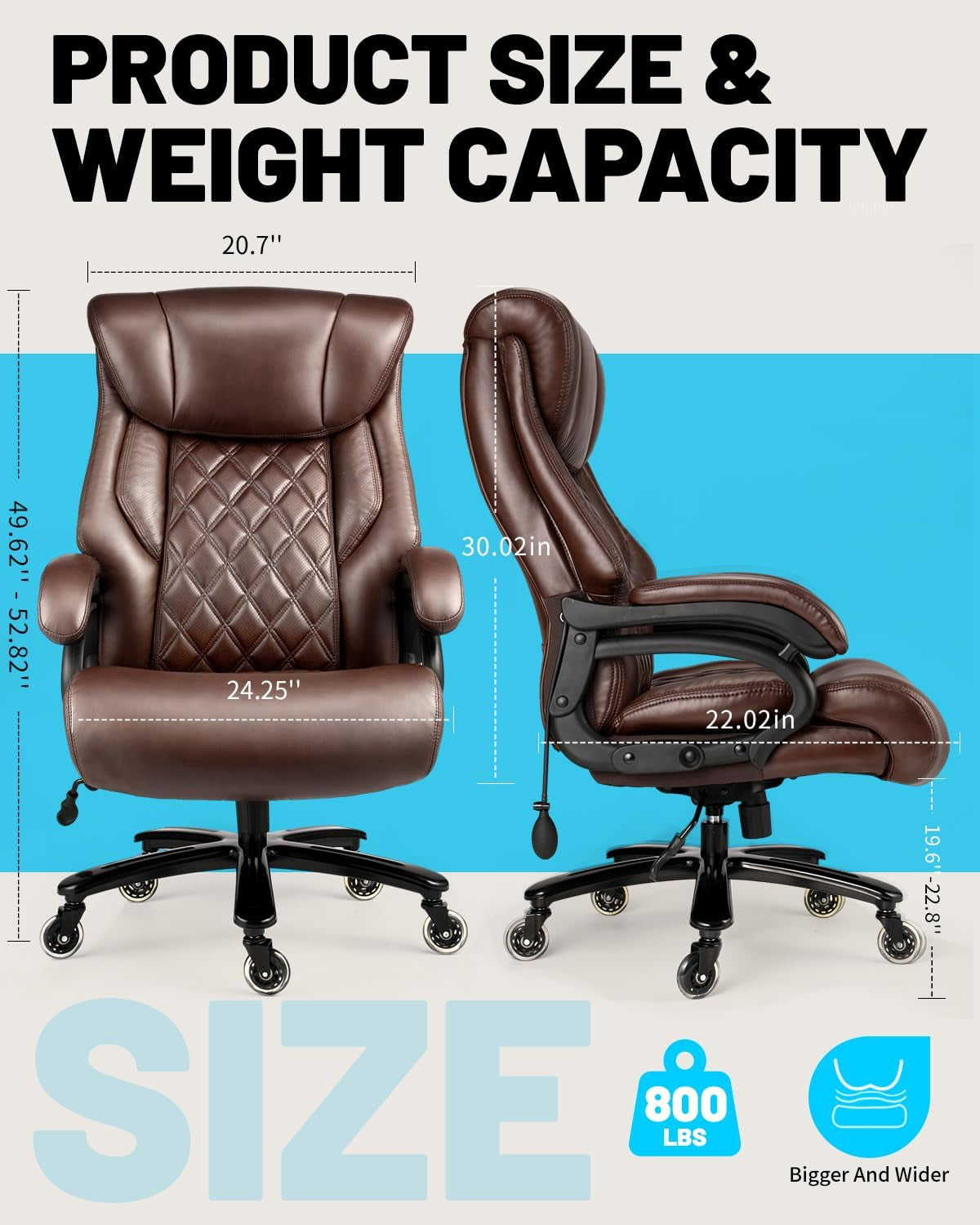 800Lbs Executive Office Chairs, Big and Tall Desk Chair with Adjustable Lumbar Support, Office Chair for Heavy People, Leather Computer Chair with Quiet Rubber Wheel and Extra Wide Seat