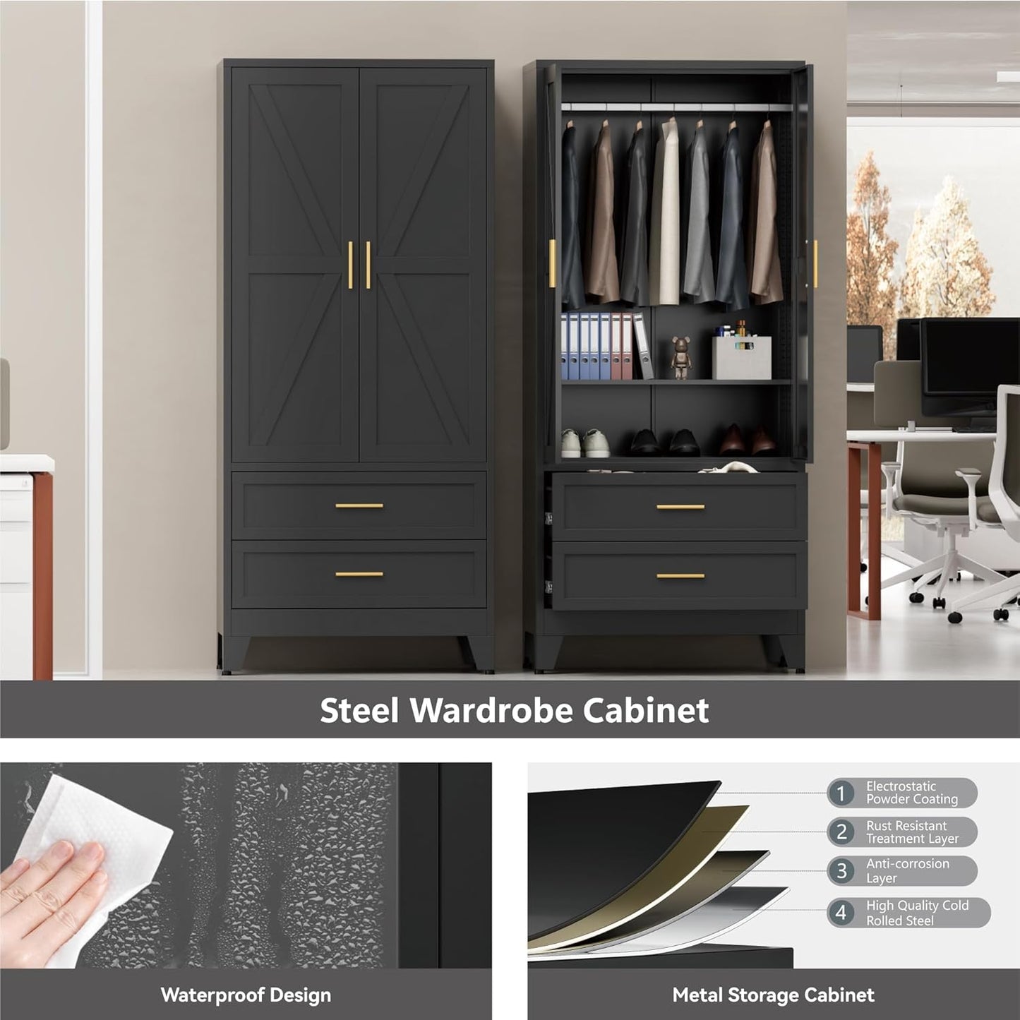 Black Metal Wardrobe Closet, Armoire Wardrobe with Two Drawers Clothes Cabinet for Bedroom, 71" Tall Farmhouse Steel Armoire Closet with Drawers and 2 Doors Clothing Storage Cabinet with Hanging Rod