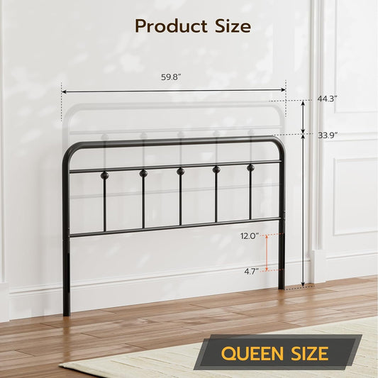 Queen Size Headboard with Black Metal Construction, Adjustable Height, Sturdy Farmhouse Wrought Iron Headboards Only