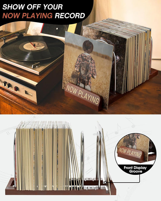Now Playing Vinyl Record Stand, 50 LP Vinyl Record Storage with Non-Slip Grooves, Wood Now Spinning Vinyl Record Holder for Albums Magazine Rack Magazine Organizer Record Display, Gift Package
