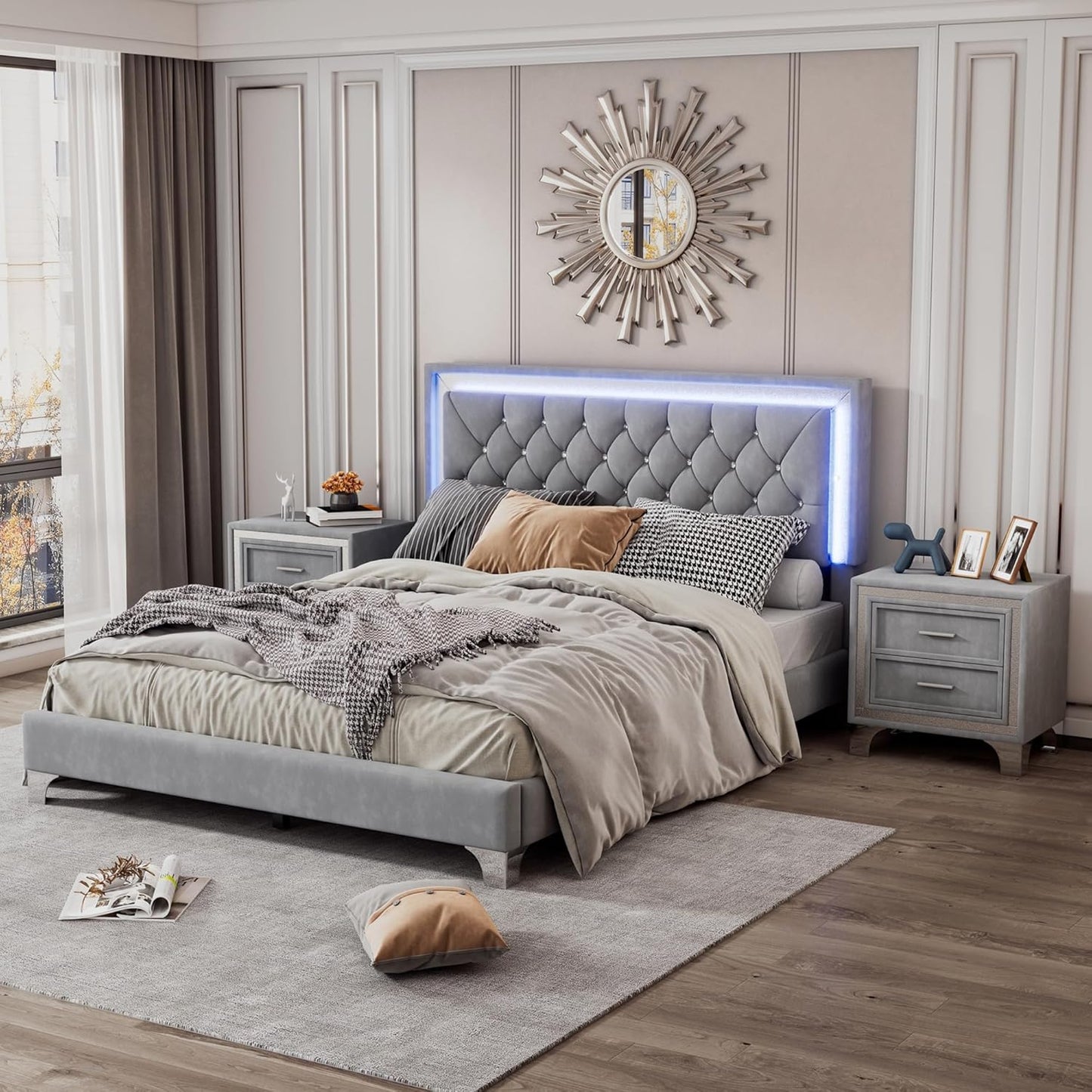 3-Piece Queen Bedroom Set, Upholstered Platform Bed with LED Lights and 2 Nightstands, Modern Gray