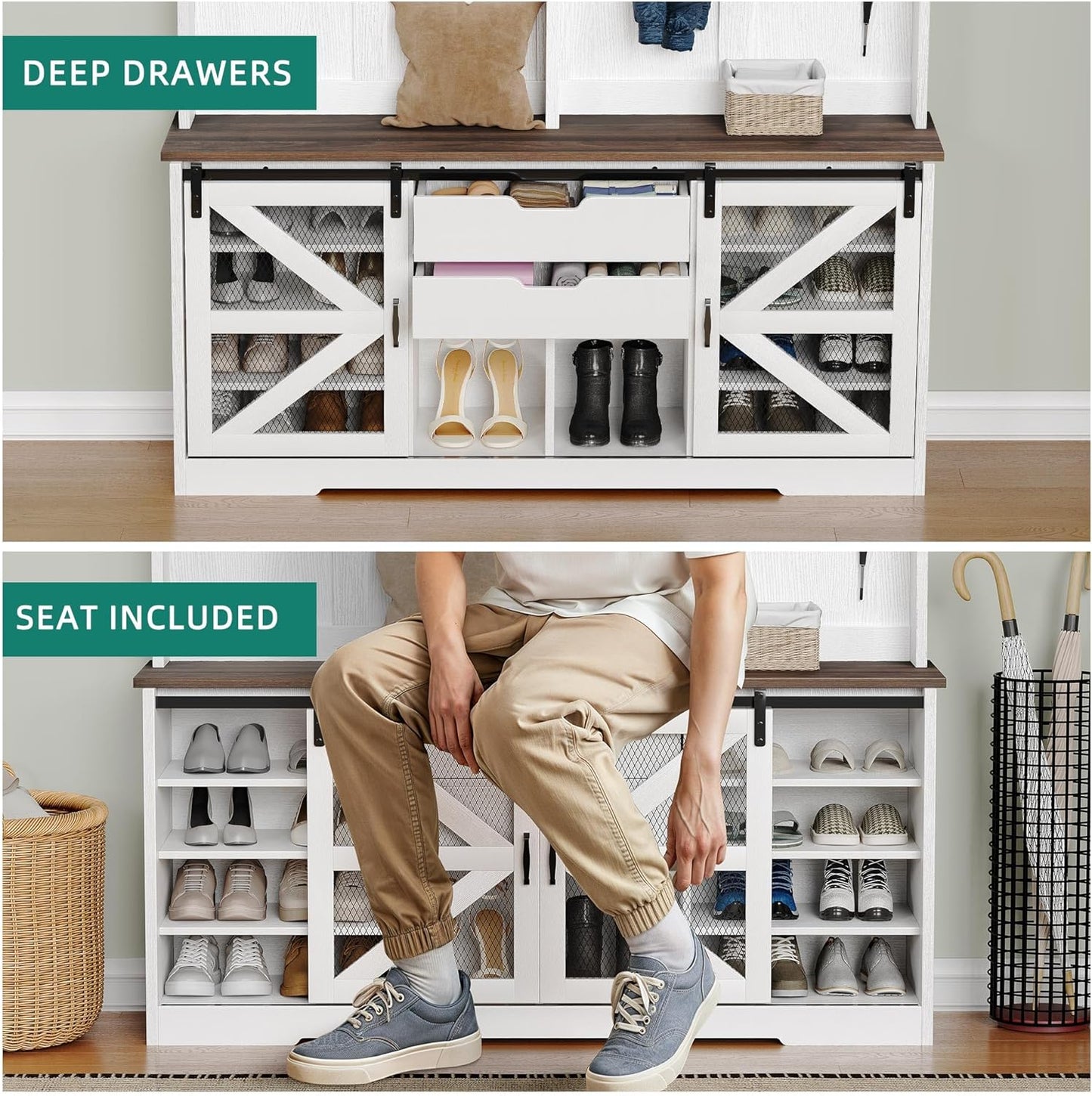 Hall Tree with Bench and Shoe Storage, Hallway Tree with Adjustable RGB LED Light, Sliding Barn Doors and 10 Hooks, Coat Rack for Front Door Entrance Entryway Mudroom Bedroom, White & Walnut