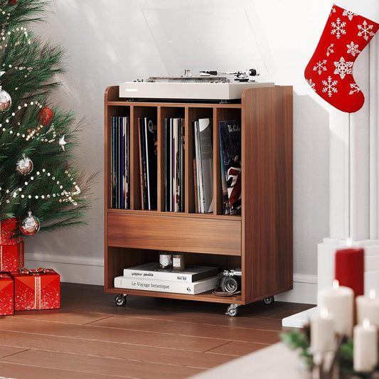 Record Player Stand, Rolling Turntable Stand with Drawer & Lockable Wheels, Record Player Table Holds up to 150 Albums, Vinyl Record Storage for Living Room Bedroom, Walnut