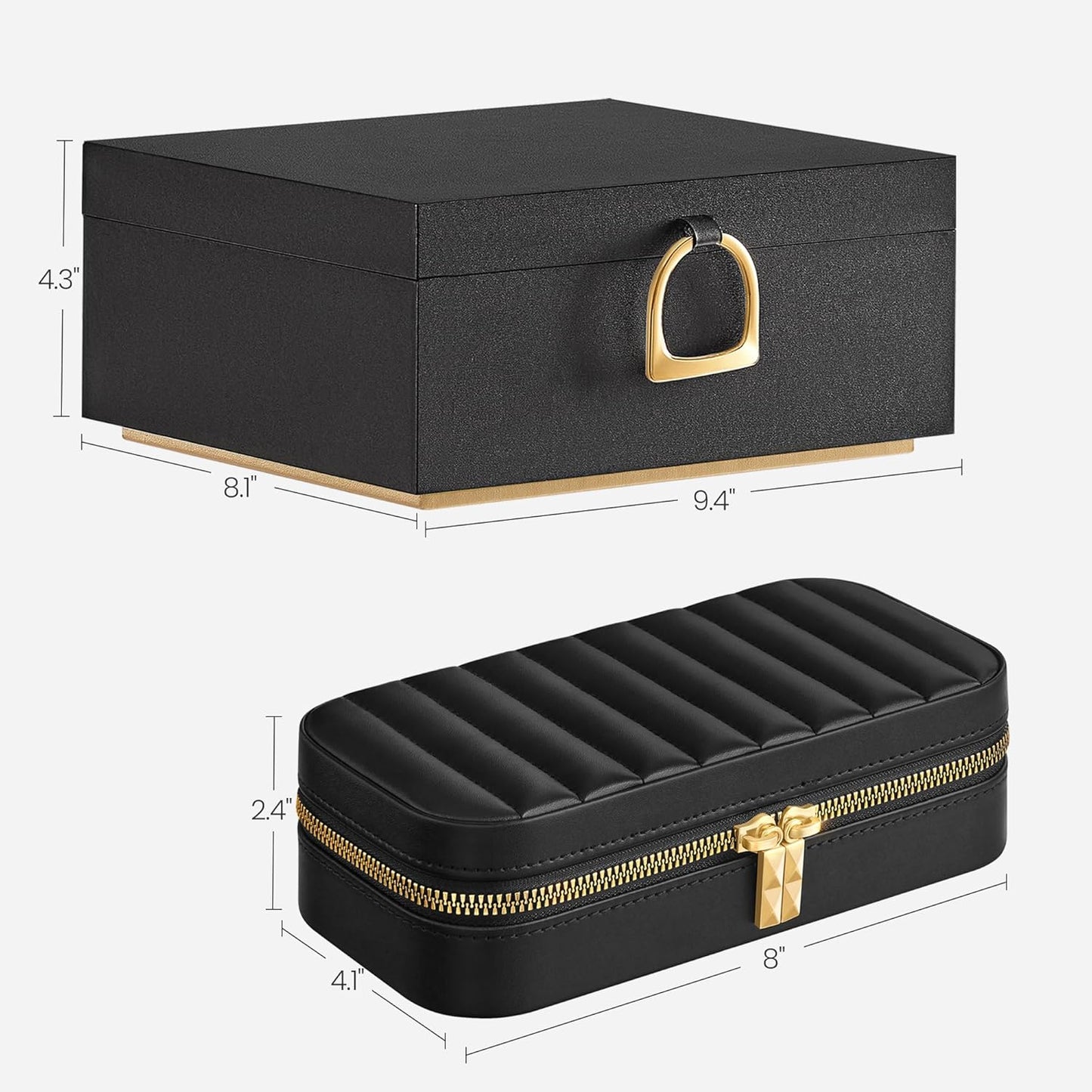 2-Layer Jewelry Box with Handle and Rectangular Travel Jewelry Box Bundle, Removable Jewelry Tray, with Mirror, PU, Zippers, Gift Idea, Ink Black UJBC165B01 and UJBC180B01