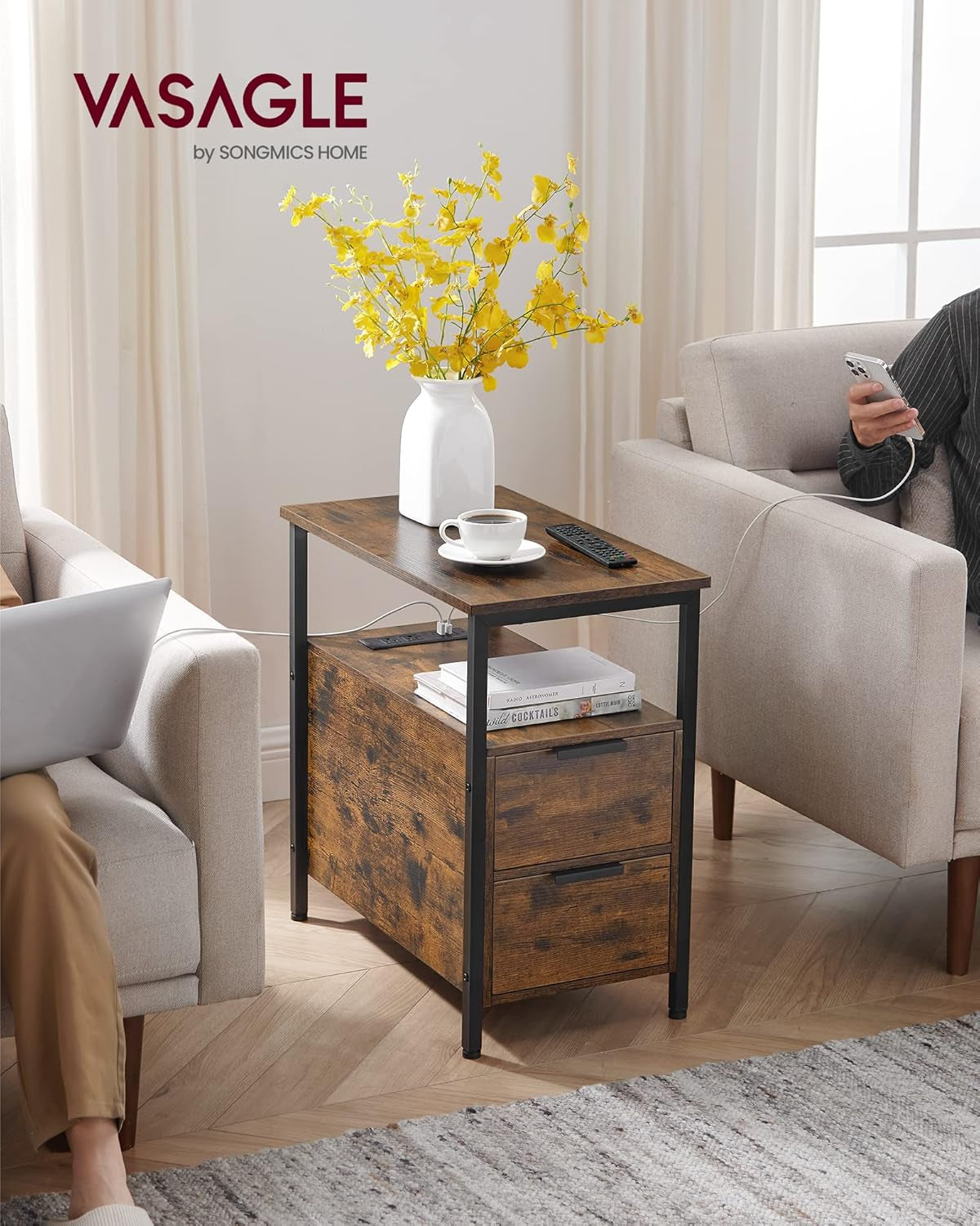Side Table with Charging Station, Narrow End Table with 2 Drawers, Slim Nightstand and Bedside Table with Storage, for Small Spaces, Rustic Brown + Black