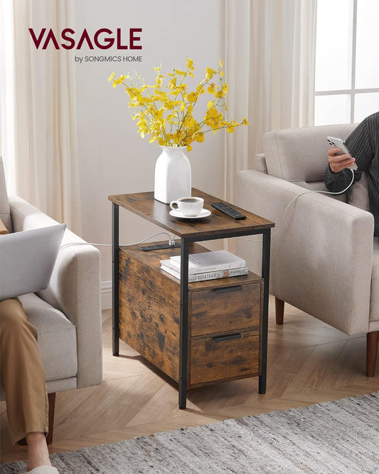 Side End Table with Charging Station, Slim Nightstand with 2 Drawers, Narrow Bedside Table for Living Room, Small Spaces, Rustic Brown and Ink Black ULET321B01