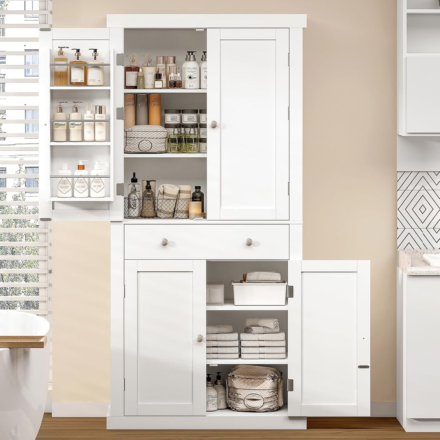 72” Pantry Cabinet, Tall Kitchen Storage Cabinet with 4 Doors and 1 Drawer, Cupboard with 6 Hanging Shelves and Adjustable Shelves for Kitchen, Dining Room, Living Room, White