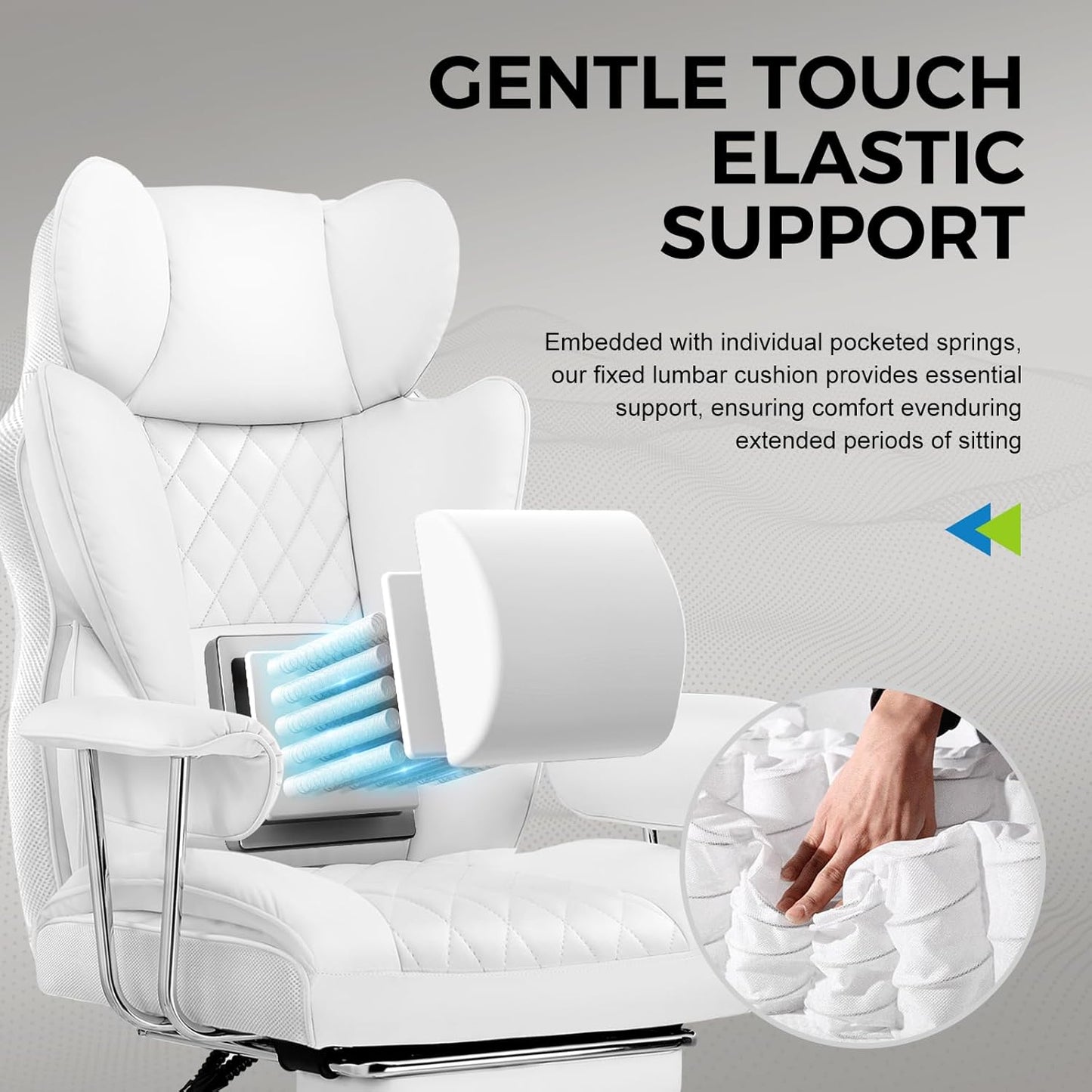Gaming Chair,Office Chair with Pocket Spring Lumbar Support, Ergonomic Comfortable Wide Office Desk Computer Chair with Outward Fixed Soft Armrests and Footrest,(Pu Leather, White)