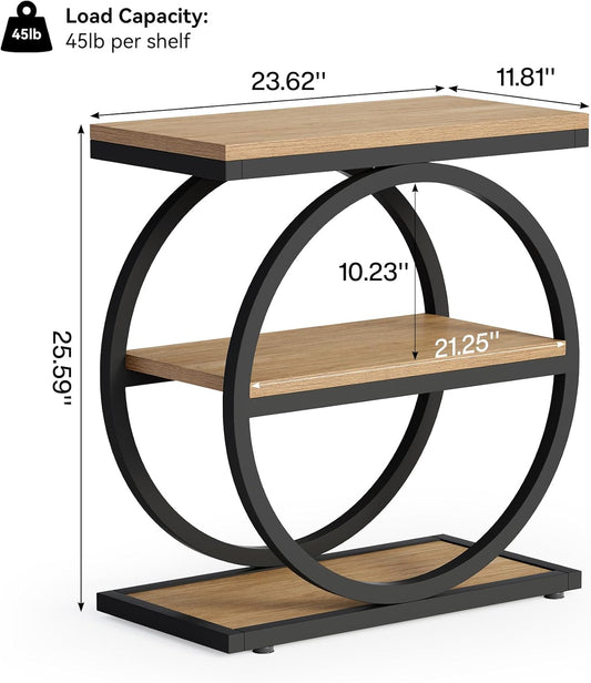 3-Tier End Table, Side Table with Storage Shelves, Small Sofa Side Table for Living Room, Wooden Side End Table with Double round Metal Legs, Slim Nightstand and Bedside Table, Oak