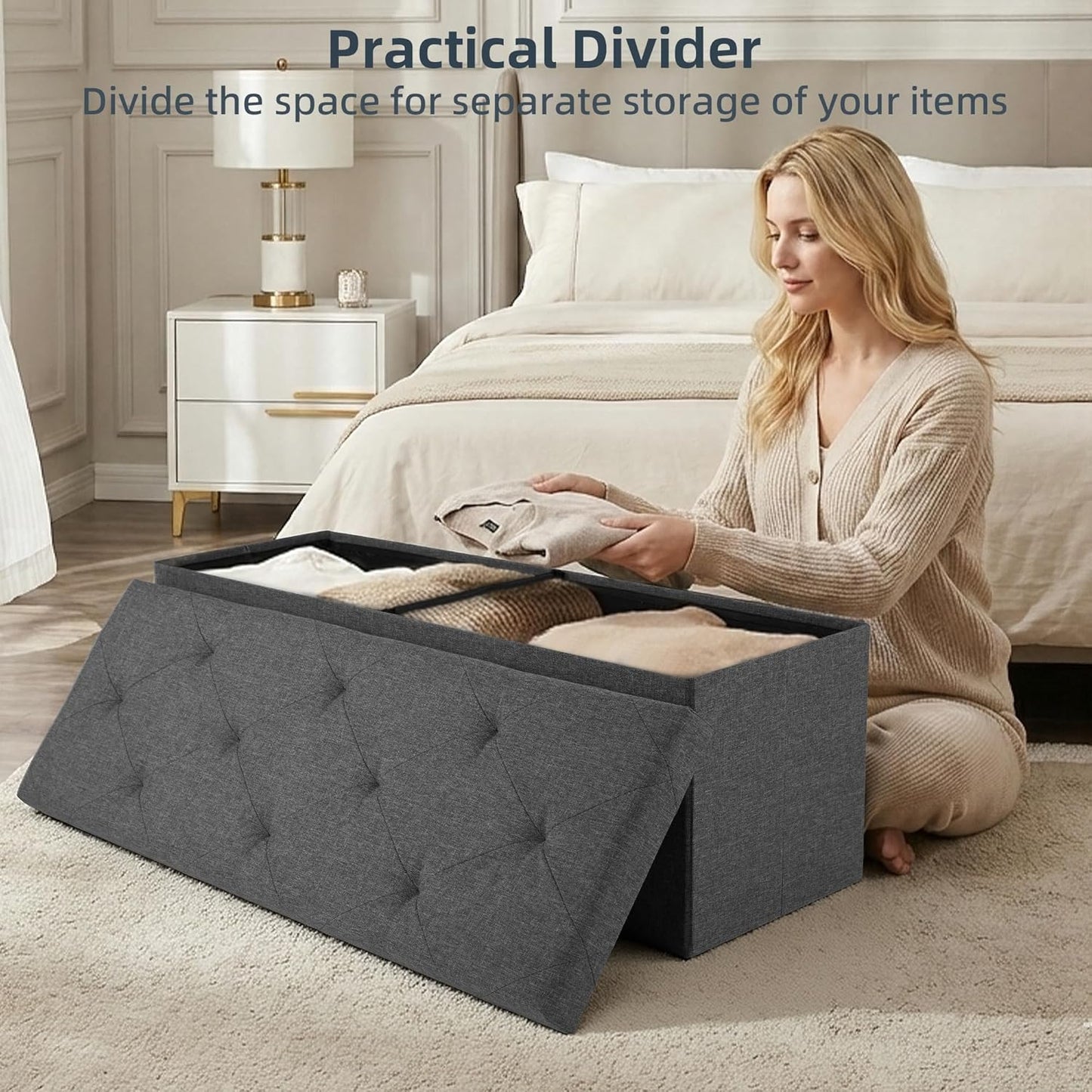 Foldable Storage Ottoman Bench, Storage Chest, End of Bed Foot Rest Stool with Padded Seat, 43 Inch Bedroom Bench for Living Room, Support 660Lbs, Grey