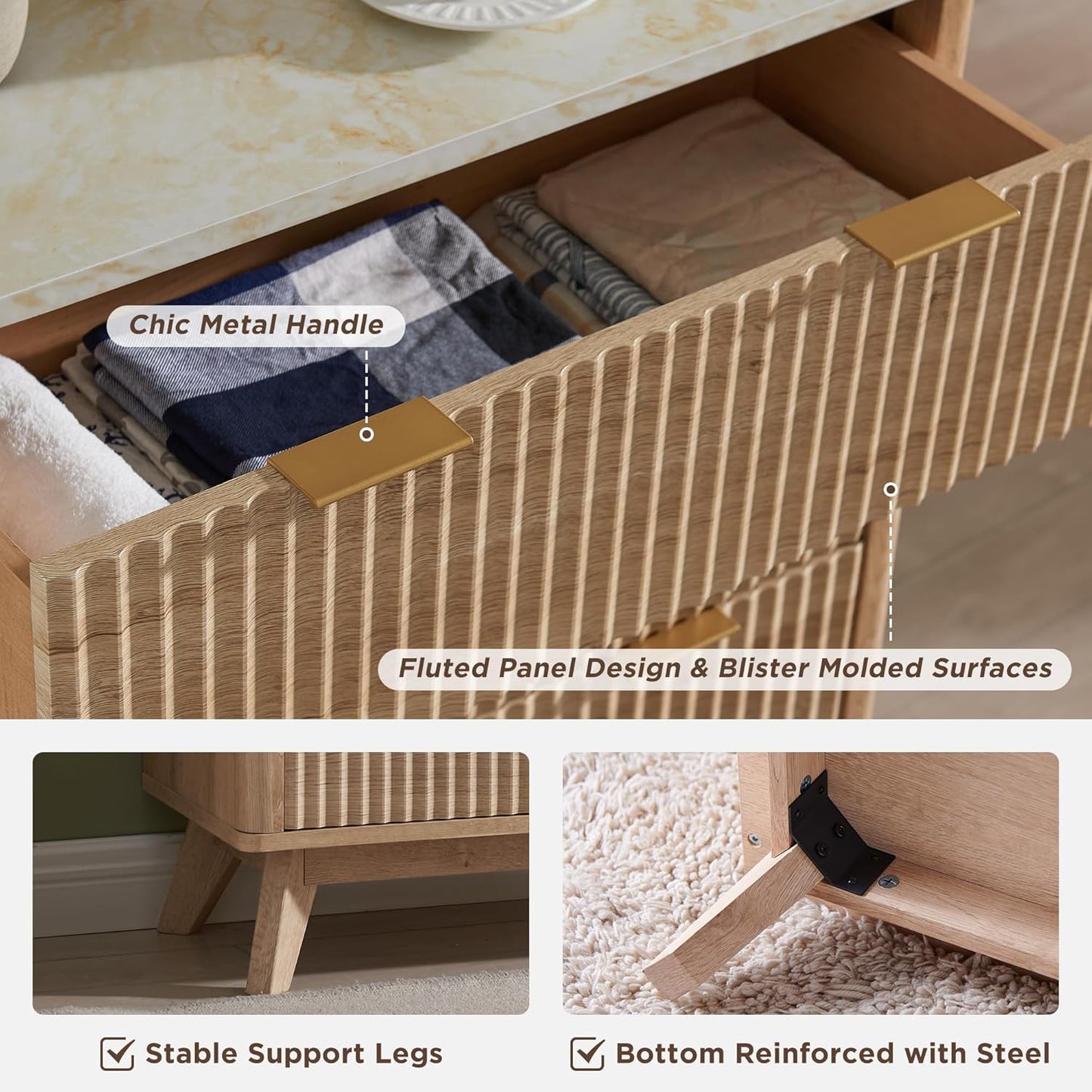 Fluted 6 Drawers Dresser, 54" Wide Modern Chest of Drawers with Faux Marble Top, Curved Profile Design, Dresser TV Stand, Wood Drawer Organizer for Bedroom, Living Room, Hallway, Natural Oak