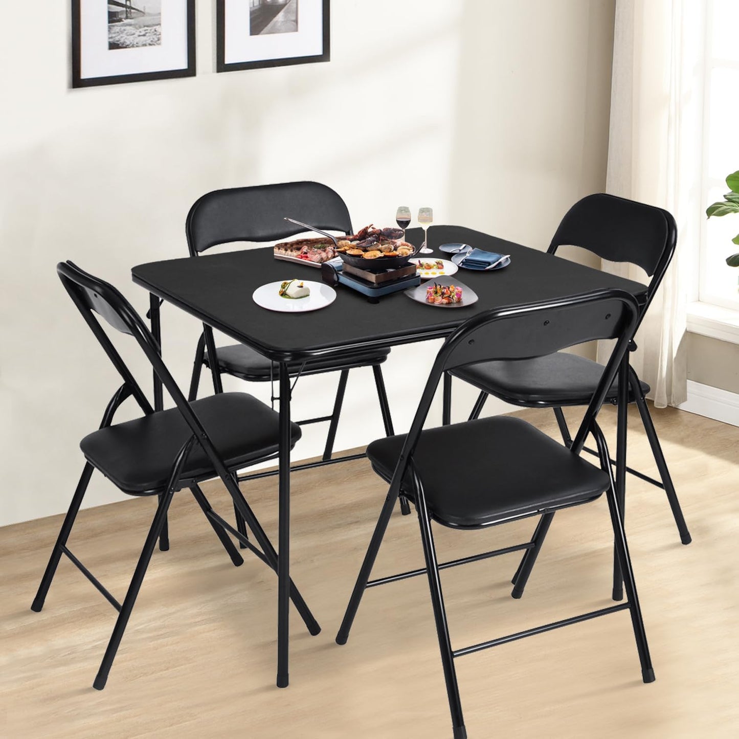 Square Folding Table, 33.9 Inch Card Table, Multi-Functional Foldable Portable for Indoor Outdoor Dining Panic Patio Balcony Backyard Poolside, PVC Tabletop, Metal Frame, Black