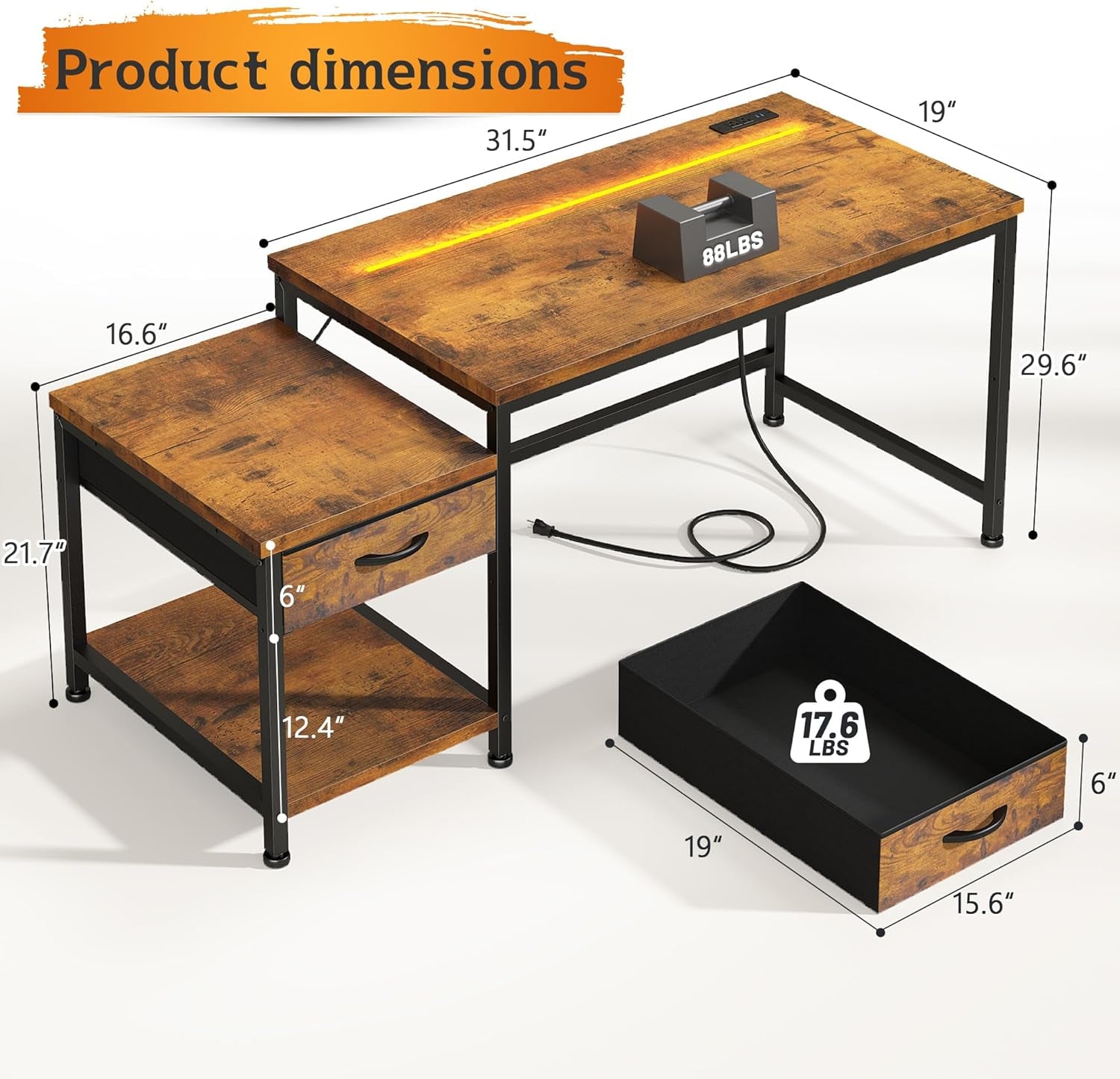 48.1 Computer Desk with Drawers & Printer Shelf,Gaming Desk with LED Lights & Power Outlet,Office Desk with Headphone Hook,Reversible Corner Work Desk for Small Space,Carbon
