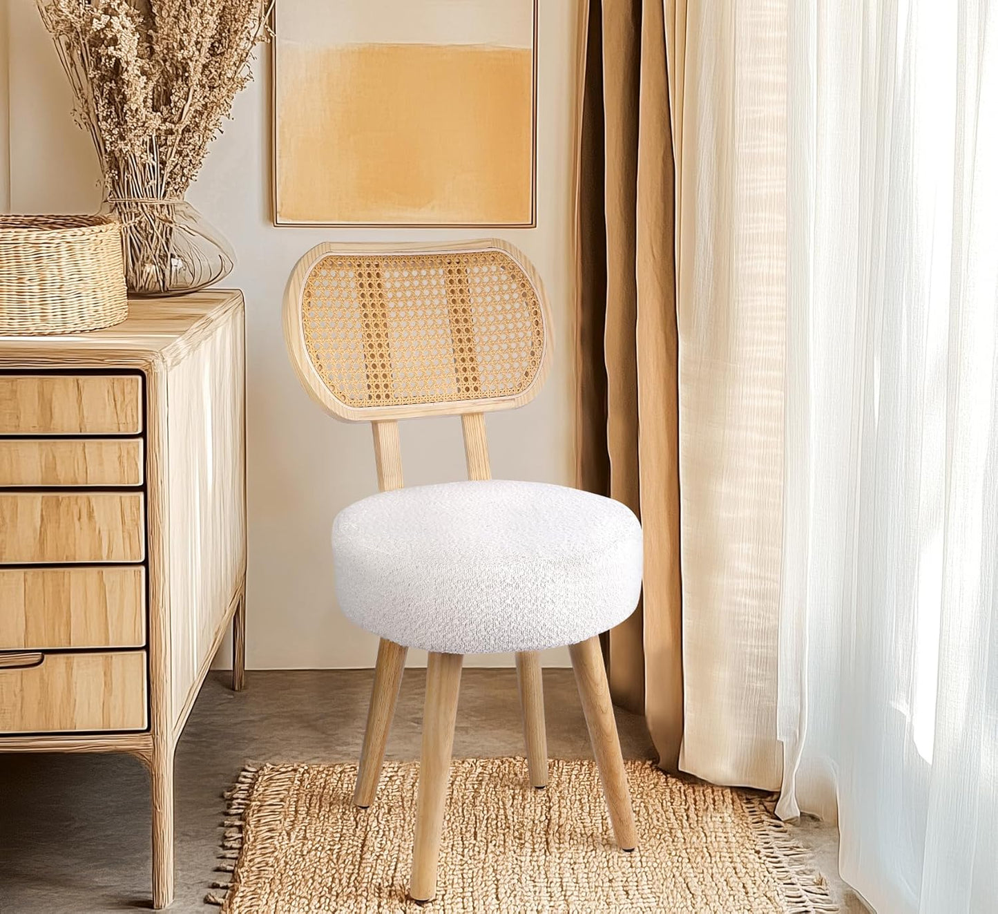 Rattan Dining Chair, Kitchen Dining Room Chairs, Mid Century Modern Boucle Chair, Stylish Upholstered Wood Accent Chair, Cute Sherpa Chair, Living Room Bar Stool Chair, Boho Makeup Vanity Chair, 1 Pc