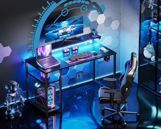 40 Inch Small Gaming Desk with Storage & Led Lights, Computer Desk with Power Outlet & Shelf, Reversible Gamer Desk with Adjustable Monitor Stand, Carbon Fiber Texture Black