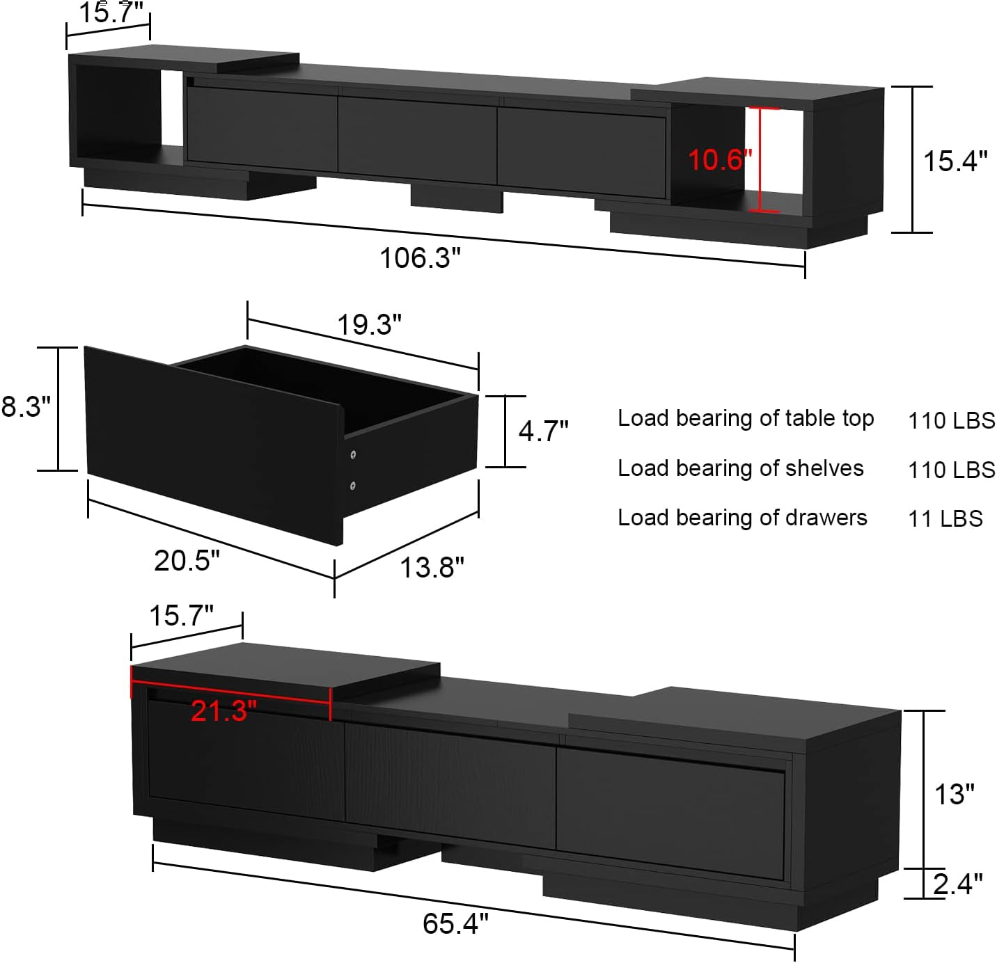 Deformable TV Console with 3 Drawers, Modern Extendable TV Stand in Stretch of 65"-106" Wide, Wood Media Gaming Entertainment Center, Black
