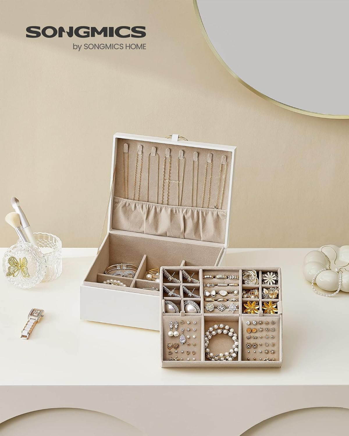 2-Layer Jewelry Box Bundle with Jewelry Holder, Jewelry Organizer with Handle, Floating Effect, Jewelry Display Stand with Metal Frame, White and Pale Gold UJBC165W01 and UJJS028A01