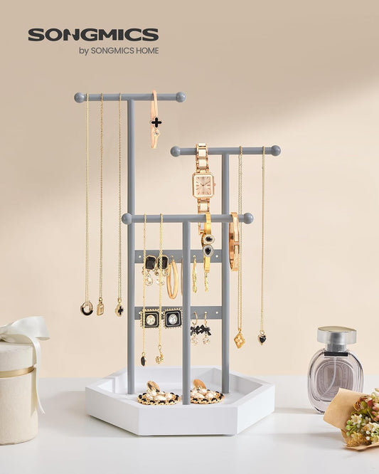 Jewelry Holder, Jewelry Organizer, 3 Tiers and 1 Tray, Jewelry Display Stand with Metal Frame, Necklace Earring Bracelet Holder, for Rings, Dove Gray and Cloud White UJJS003G01